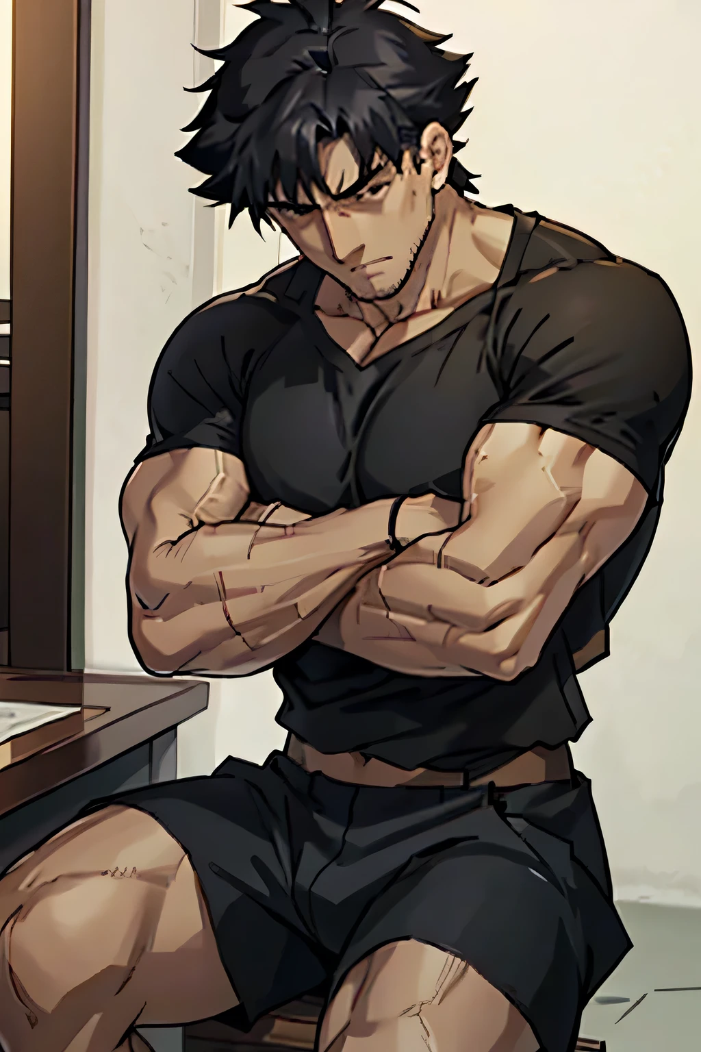 Kiritsugu is sitting and flexing his biceps. He wears black shorts. You can see his thighs. He looks stoic and serious. He has bulging veins on his arms. He wears a black tshirt with short sleeves. His sleeve is completely rolled up so you can see his entire arm and shoulder. He is showing his abs too.