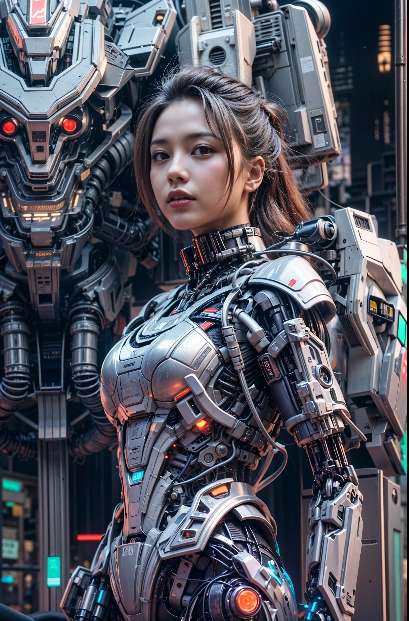 (masterpiece, best quality:1.2), (8k uhd, 16k, 32k, ultra high res), (photorealistic:1.37), ((ultimately intricate all details, ultimately realistic all textures)), girl in a futuristic city, cyberpunk girl mech, girl in mecha cyber armor, mecha aesthetic, modern mecha, robot, japanese girl, mecha, female mecha, mecha asthetic, robotic mixed with organic,, realistic style 4 k, digital cyberpunk