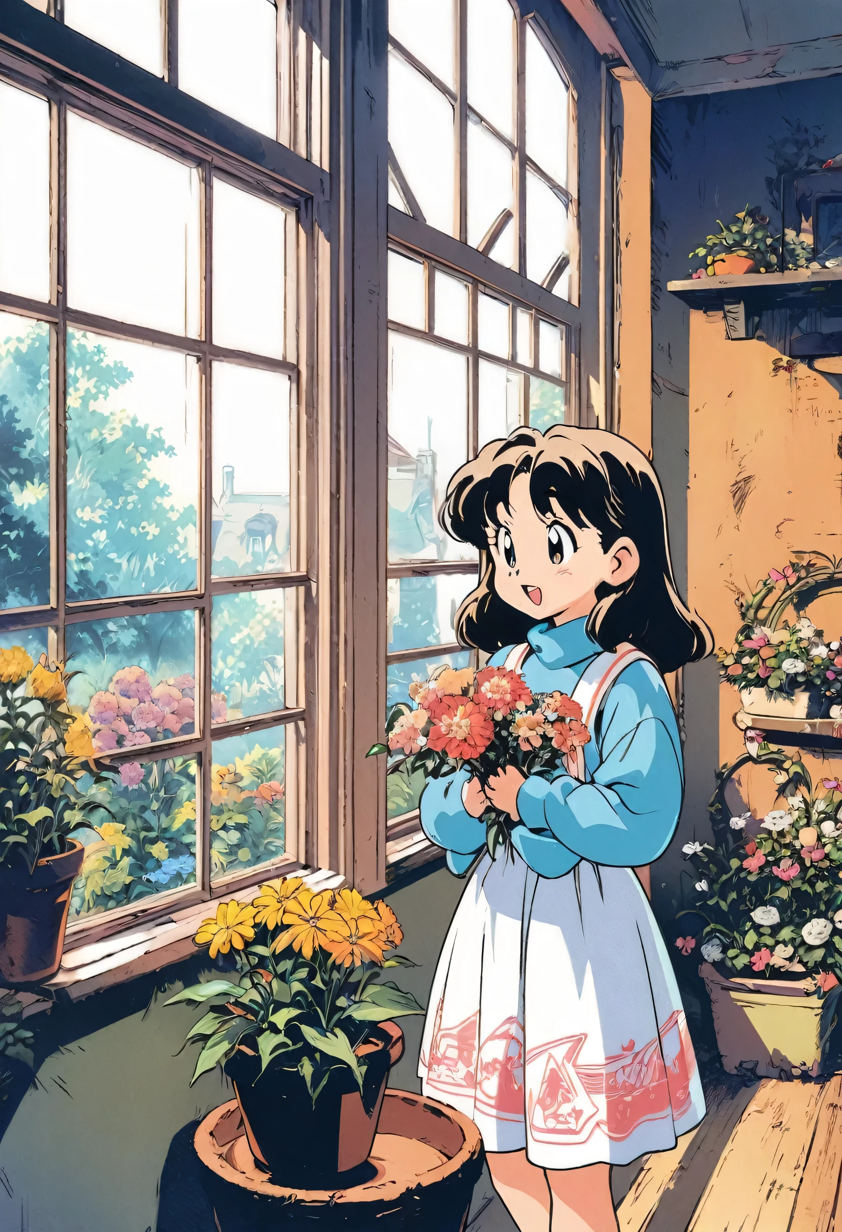 Best Quality,Official art,the Extremely Detailed CG Unity 8K ,Wallpapers,90s Cartoons,Slight retro color,riso print style,Illustration,Cute,1 girl,Flowers,Window,flower pots,