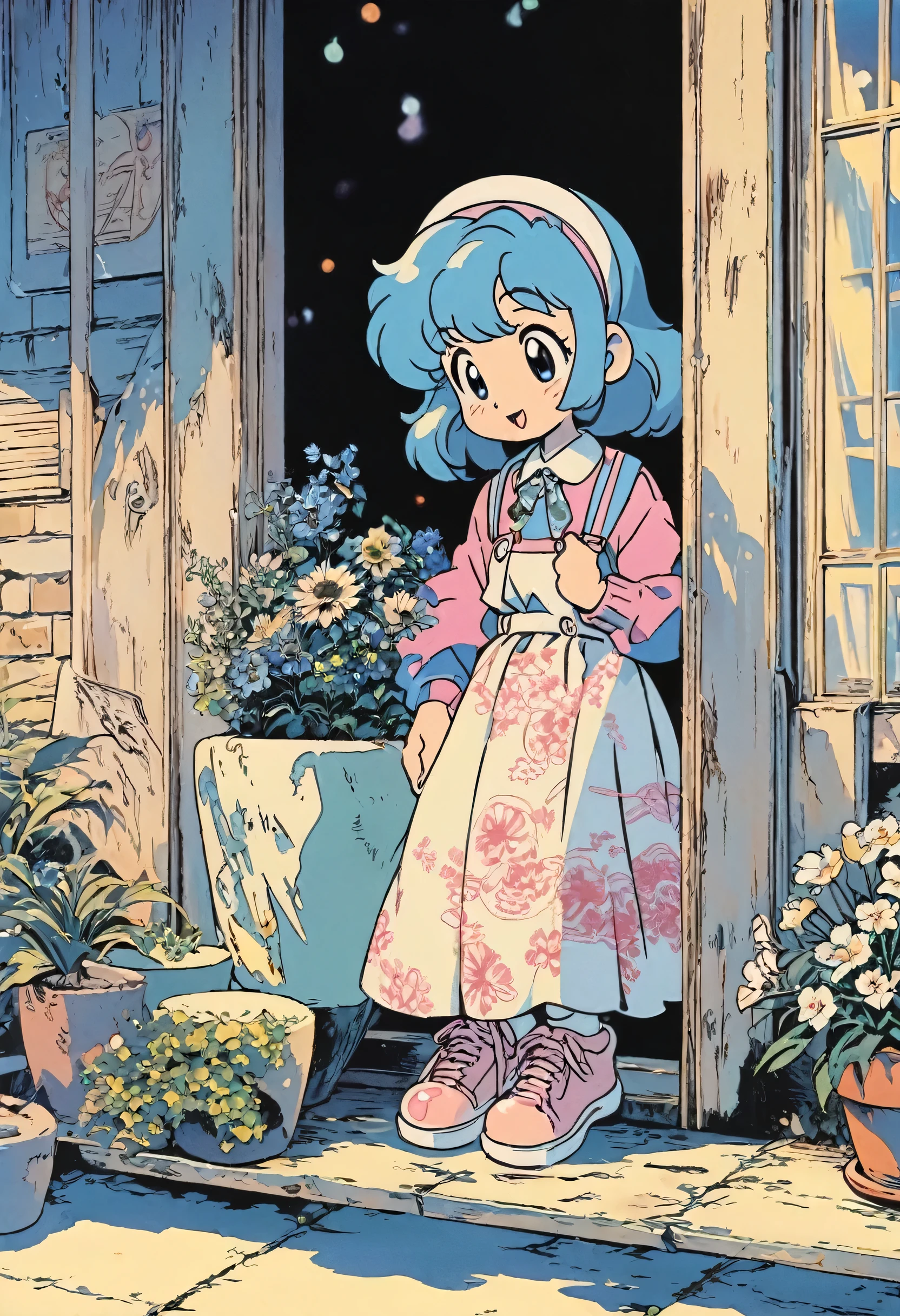 Best Quality,Official art,the Extremely Detailed CG Unity 8K ,Wallpapers,90s Cartoons,Slight retro color,riso print style,Illustration,Cute,1 girl,Flowers,Window,flower pots,