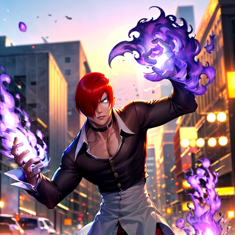 Sharp Eye,One boy,Hair on one eye,Redhead,short hair,Purple Flame,Fantasy World,isekai,Posing in New York City