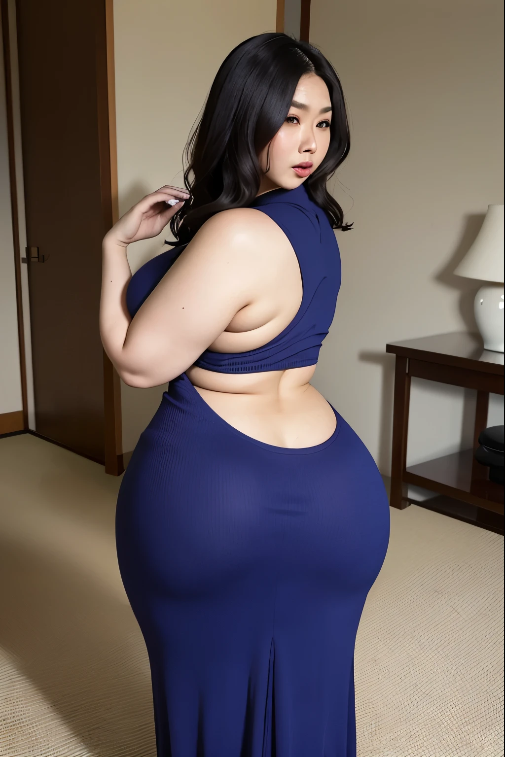 Beautiful, mother-in-law, japanese, voluptuous, maxi knit dress, In the living room, seductive expression, short sleeve,,(big booty) (face here) Plus size big ,grass, (wide booty)insanely inflated hips,Thick body ,fat body , curve shap body, widest hips , thick hips ,widest brethick breast