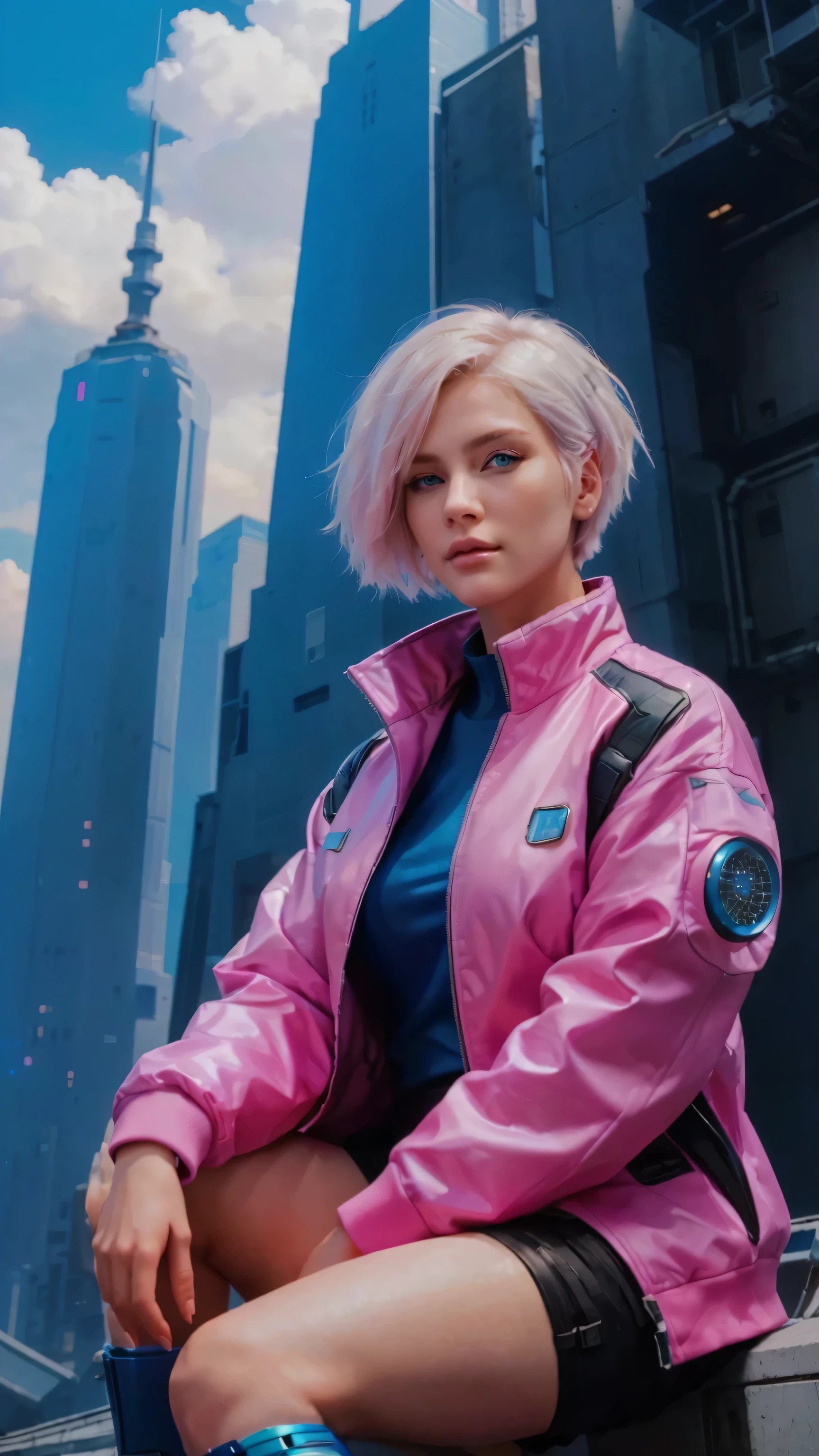 Full body best quality, masterpiece, ultra-detailed, photorealistic illustration, beatifull female, facing foward, blue eyes, white short hair, Wearing pink Samurai cyberpunk jacket, cyberpunk theme, cyberpunk style, sitting on the ground looking up the sky, pointing to the sky, beautiful clear sky, saturnus seen on the sky, sci-fi sky, intricate details in body shape, life-like images, fantasy world, science-fi world, elegant and regal posture, perfect composition, cinematic quality