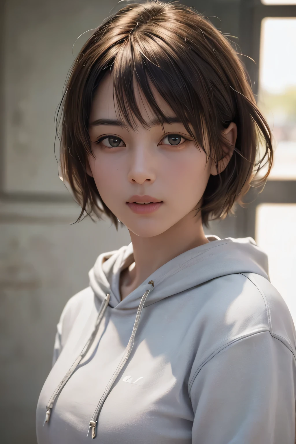(NSFW:-1.5), (masterpiece:1.3), (8k, photorealistic, RAW photo, best quality: 1.4),
cinematic lighting,
(1girl), beautiful face, (realistic face),
beautiful hairstyle, (short hair :1.5),
realistic eyes, beautiful detailed eyes,
(realistic skin), beautiful skin,
(hoodie without a hood),
absurdres, attractive,
ultra high res, ultra realistic, highly detailed,
golden ratio,
