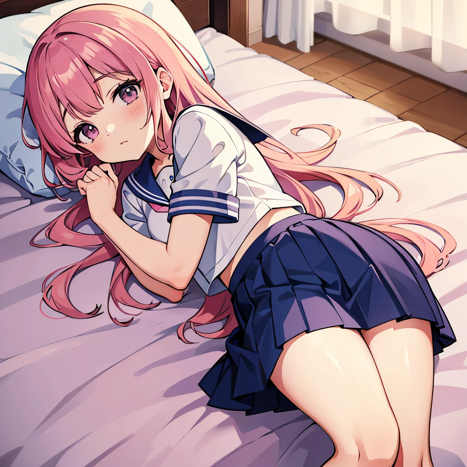 A pink-haired high school girl in a sailor uniform who is feeling unwell is lying on a bed in the nurse&#39;s office.