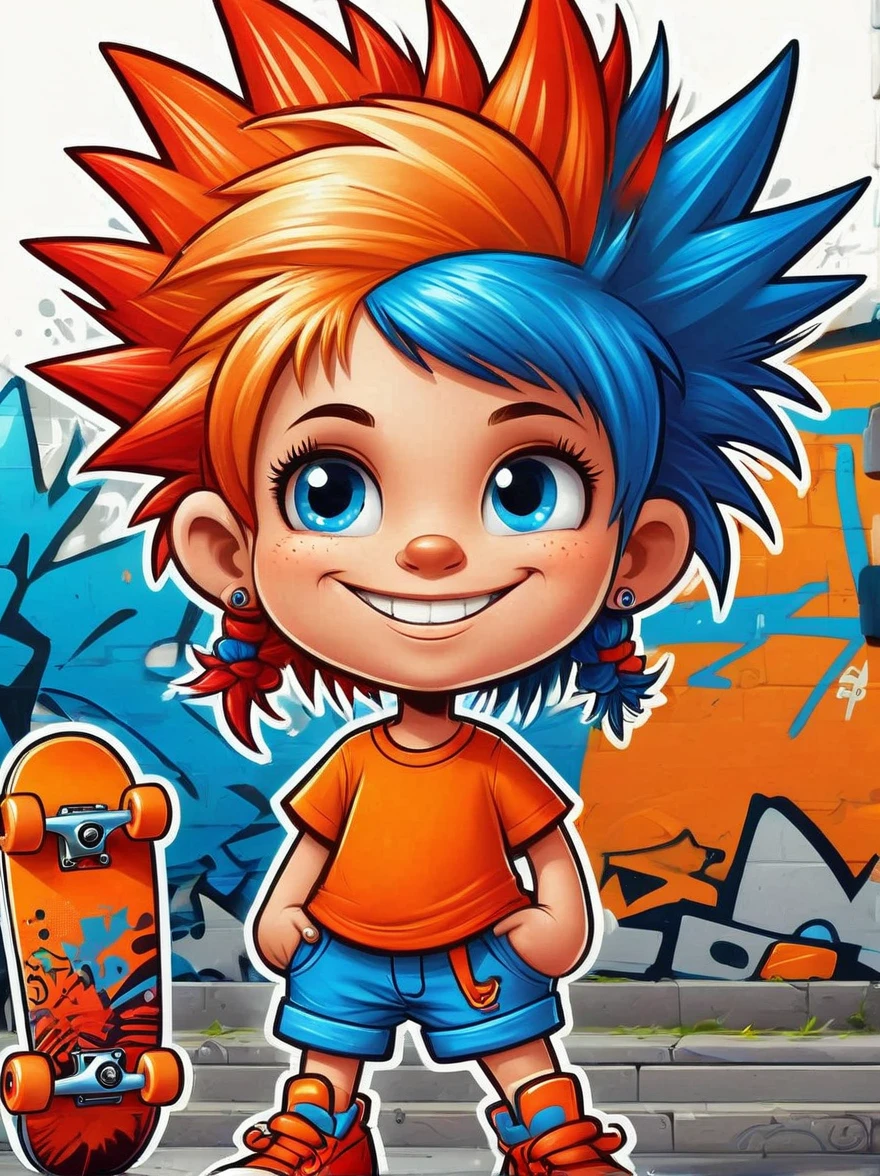 A cartoon doodle character，Vector illustration，A sweet and lovely  girl，With spiky, brightly colored hair，Unique and wild style，Wearing orange T-shirt，Blue shorts and red shoes, She often has a mischievous smile，And stir up trouble in the nameless town, She was known for her skateboarding skills and nonchalant attitude, Standing in front of a graffiti style background，Adds whimsy to the scene