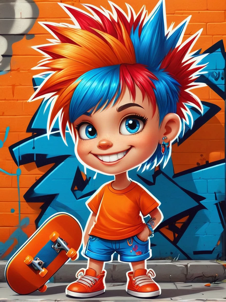 A cartoon doodle character，Vector illustration，A sweet and lovely ***********，With spiky, brightly colored hair，Unique and wild style，Wearing orange T-shirt，Blue shorts and red shoes, She often has a mischievous smile，And stir up trouble in the nameless town, She was known for her skateboarding skills and nonchalant attitude, Standing in front of a graffiti style background，Adds whimsy to the scene