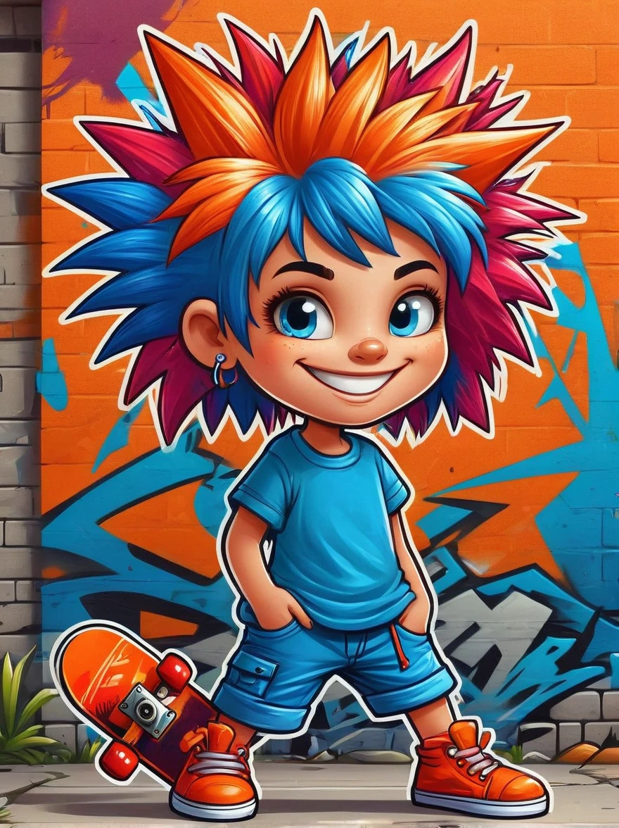 A cartoon doodle character，Vector illustration，A sweet and lovely ***********，With spiky, brightly colored hair，Unique and wild style，Wearing orange T-shirt，Blue shorts and red shoes, She often has a mischievous smile，And stir up trouble in the nameless town, She was known for her skateboarding skills and nonchalant attitude, Standing in front of a graffiti style background，Adds whimsy to the scene