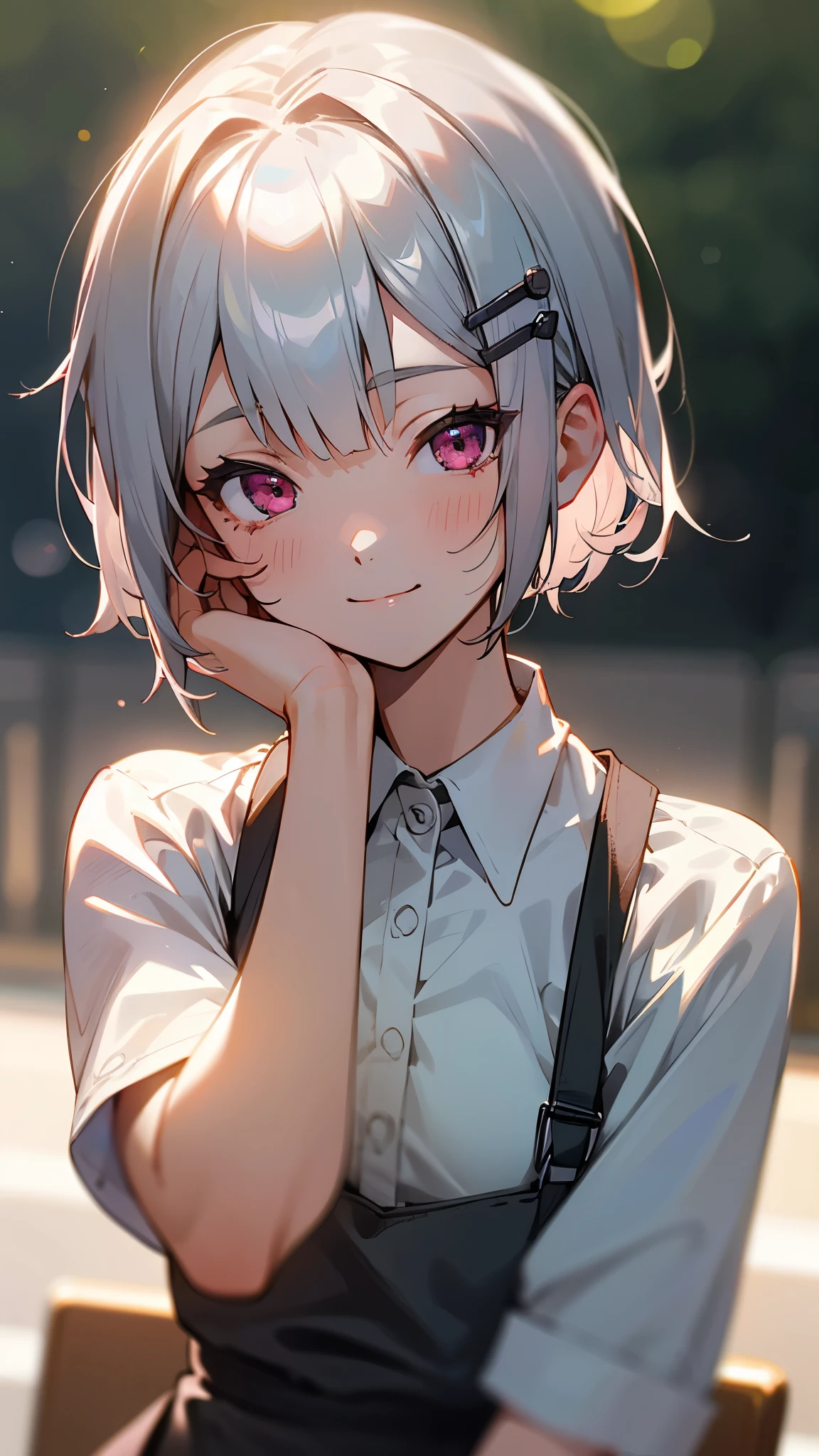 1 Girl、8k、Sharp focus、(Bokeh) (highest quality) (Detailed skin:1.3) (Intricate details) (anime)、Short silver bob hair held together with a hair clip, Pink Eyes、smile、I really like it、Upper body close-up、Morning Cafe Terrace、Background Blur, Written boundary depth