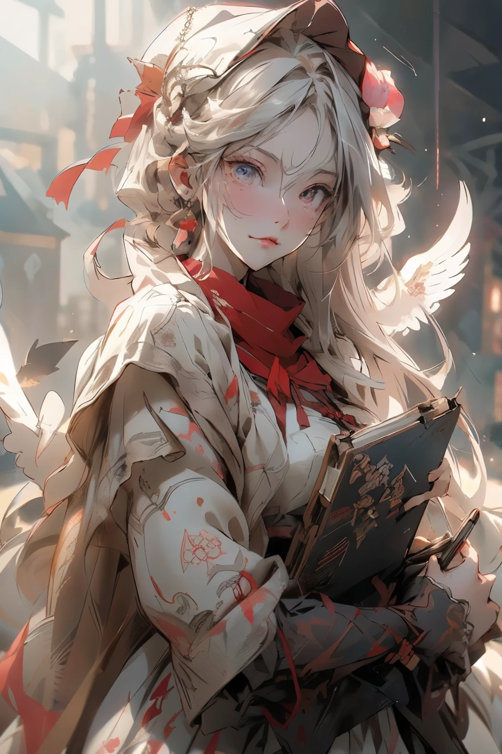((best quality)), ((masterpiece)), (detailed), perfect face, ((best quality)), ((masterpiece)), (detailed), perfect face(Golden ratio:1.2),(Fault color:1.3),[(White background:1.4)::10], (full bodyesbian:1.2),(Ultra-detailed:1.3), （white color background） (colorful ink paper flower grow on the face:1.2), teens girl，White hair，Red glowing eyes, sportrait, photorealestic,（（（Red and white trench coat））），（Red scarf)，a black pleated skirt，black t-shirts，longer sleeves，（（With a hood）），((Multiple pairs of angel wings))，side-lighting, NSFW, Depicting female characters from ethereal anime in a high-quality anime art style，，，8K，Red and white shoes with a sense of technology，(chaotic geometric images:1.3),(nagative space:0.8),(Drawing board:1.3), (ether colorful ink flowing:1.3), a knight, white background, plain background, Bloodborne inspired, tatty Bloodborne attire, occult aesthetic, occult, tatty red and white clothing detailed and intricate steampunk and detailed gothic lolita (with a hood), long coat, Complex laced boots, Fluttering lace flared long knee length dress with frilly petticoats, long dress, knee length dress, pleated petticoats, lolita dress, petticoats gothic lolita, beautiful small breasts, (((( Highly detailed face))), small thin nose, Small thin lips mouth, (((Very sharp focused eyes))), Very large slit precision pale grey eyes that shine like jewels. very long eyelashes, Silver hair swaying in the wind, Emitting a dazzling light in a mandala pattern, white background, Very dramatic and cinematic lighting, tatty damaged old red and white clothing, full body, whole body, body, cosmic horror, grim dark
