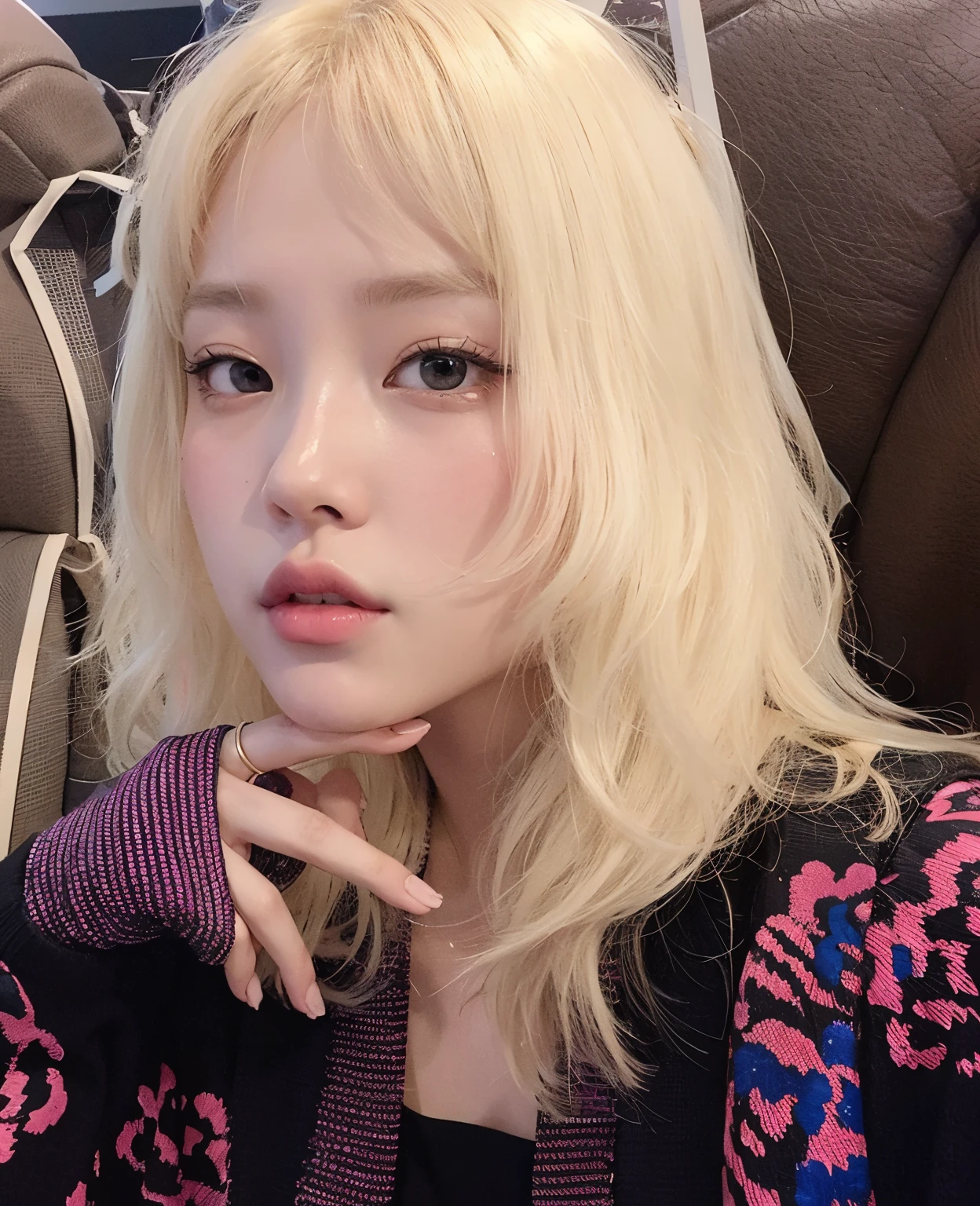 Blonde woman with long hair sitting on a chair with a backpack, Blackpink Roseanne Park, hime cut, Josh is Blackpink, Jaeyeon Nam, Heonhwa Choi, White hime cut hairstyle, Portrait of Blackpink Josh, Jenny Blackpink, Shikami, jimin park, junko enoshima, Lee, Ji - Eun, Lee, Ji - Eun