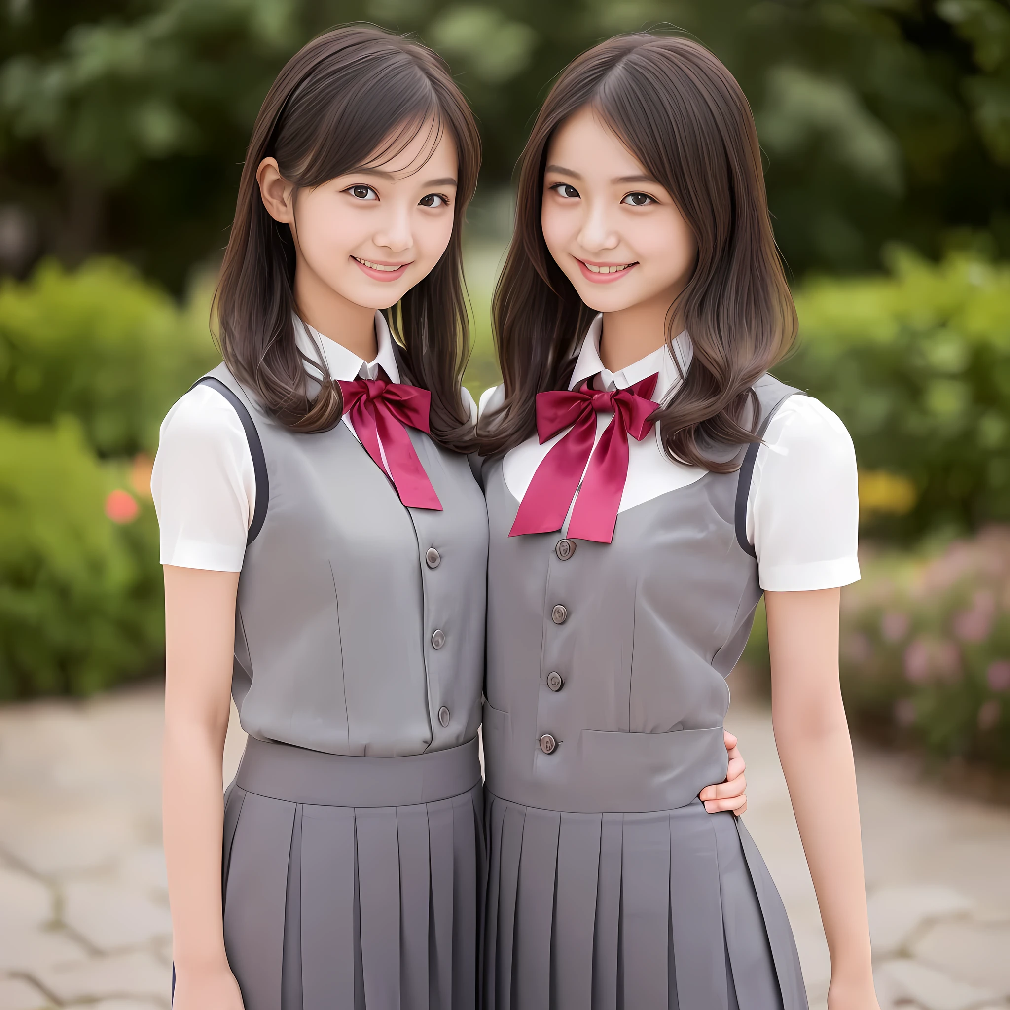 (highest quality, masterpiece:1.2), highest quality, Realistic, photograph, High resolution, 1080p, 8K, Physical Rendering, ((Height: 158cm)), ((((14 years old cute girly Japanese fashion models are standing like a fashion model and smiling directly at the viewer)))), (((big very detailed Japanese beautiful dark brown eyes))), ((loving and laughing at me!)), detailed fingers, ((curled blunt bangs)), ((((Very noble and cute eyes)))), ((double eyelids)), (((long eyelashes))), ((cute lovely lovely laughing laughing cheeks)), (((Her facial features are very expressive noble smile, very sweet, very intelligent))), ((((deep red ribbon bow tie)))), ((((black very beautiful and super long straight hair)))), ((((gray box-pleated school long skirt and grey vest)))), noble box-pleated skirt covers knees, ((((A ivory summer blouse with puffed short sleeves)))), ((Classical orchestra concert hall)), ((complexion lightening)), ((Full body shot)), Japanese girls legs, (((white socks and loafers))), (((((beauty salon hair model)))))