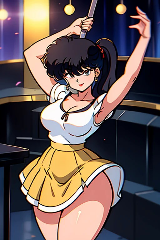 masterpiece,highest quality,Detailed, 1girl, solo girl, black hair, black eyes, Narrow eyes, ((sidetale))
, smiling, holding a mike, singing, music notes, Concert hall, stage, idol, idol outfit,  Yellow Skirt,Big Breasts,No sleeve,Cleavage,Open chest,Thick thighs,1990s,Ranma,arm pit,Long legs