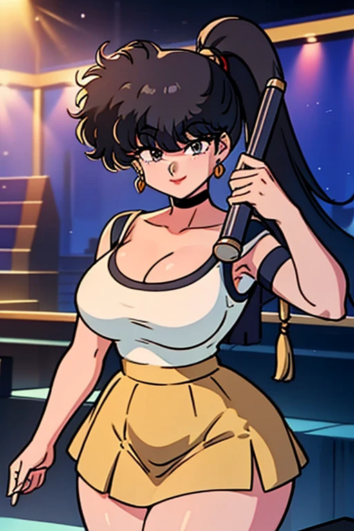 masterpiece,highest quality,Detailed, 1girl, solo girl, black hair, black eyes, Narrow eyes, ((sidetale))
, smiling, holding a mike, singing, music notes, Concert hall, stage, idol, idol outfit,  Yellow Skirt,Big Breasts,No sleeve,Cleavage,Open chest,Thick thighs,1990s,Ranma,arm pit,Long legs