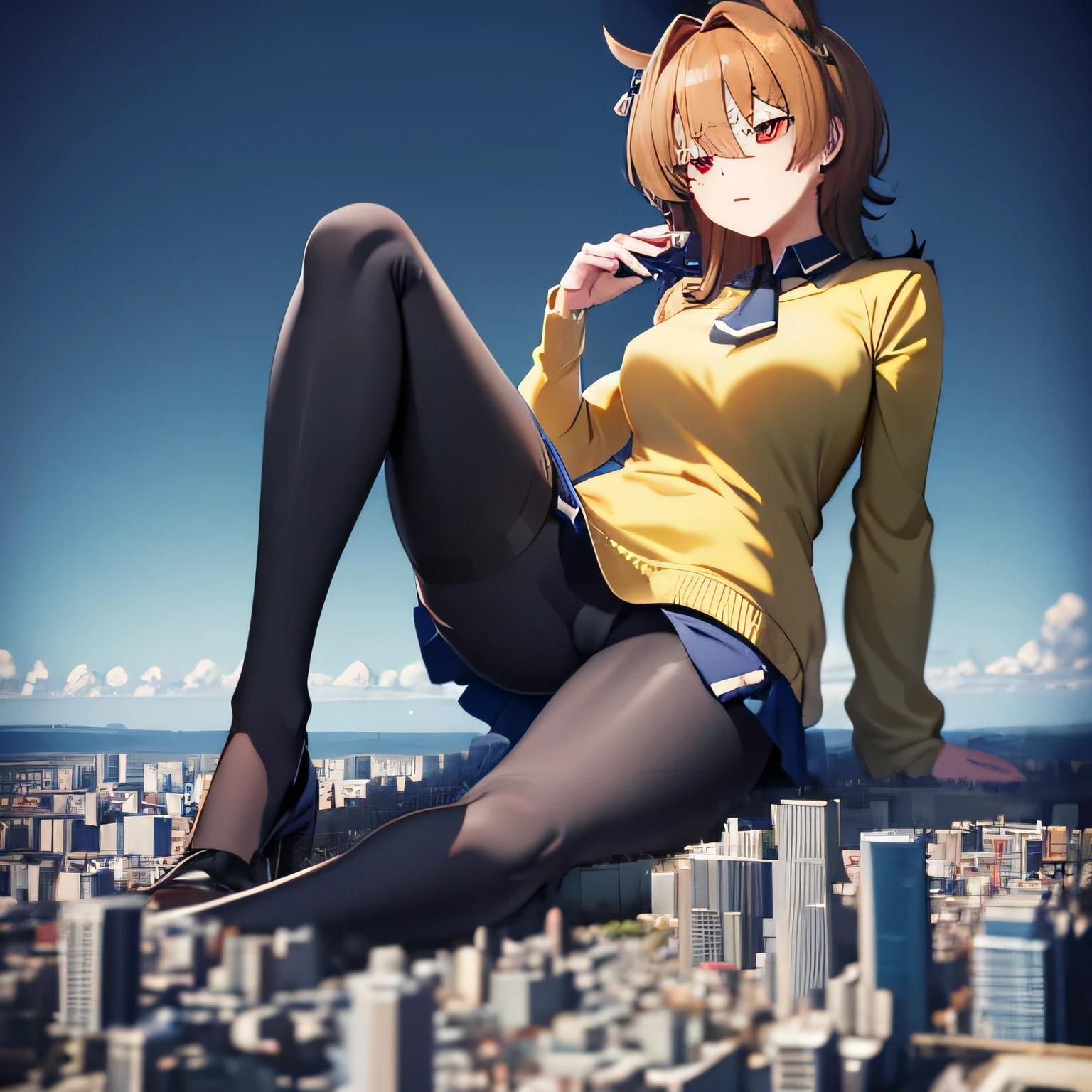 giantess, Woman running with all her might, Giant high school girl bigger than a skyscraper, huge tit, very small metropolis, Full body depiction, black pantyhose, pantyhose foot, tiny city, micro city, Labcoat and yellow sweater, Navy blue tie, Red Eyes, Adult women, Long legs, AgnesTachyon_umamusume