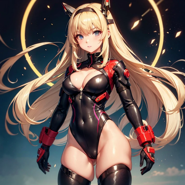 Ridiculous、girl Fran, highest quality,masterpiece,The ultimate solution,fluffy,非常にcolorful,colorful,Female Fighter,18-year-old female,solo,semi-long,Cleavage、Tight red combat suit,Cyber Suit,Cyberpunk Night Background,Normal posture,Normal posture、blonde hair,Blue colored eyes, Straight Hair、hair band, bangs, , Medium breast、cameltoe、cowboyshot、(fly in the sky、baby:1.3)、from the front