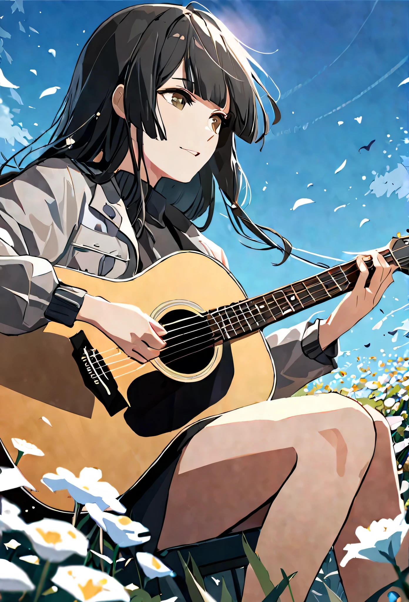 masterpiece,best quality, 1 girl, solo, eda, bangs, black hair, blue sky, white flowers, jacket, she is playing guitar, she is sitting in the flowers