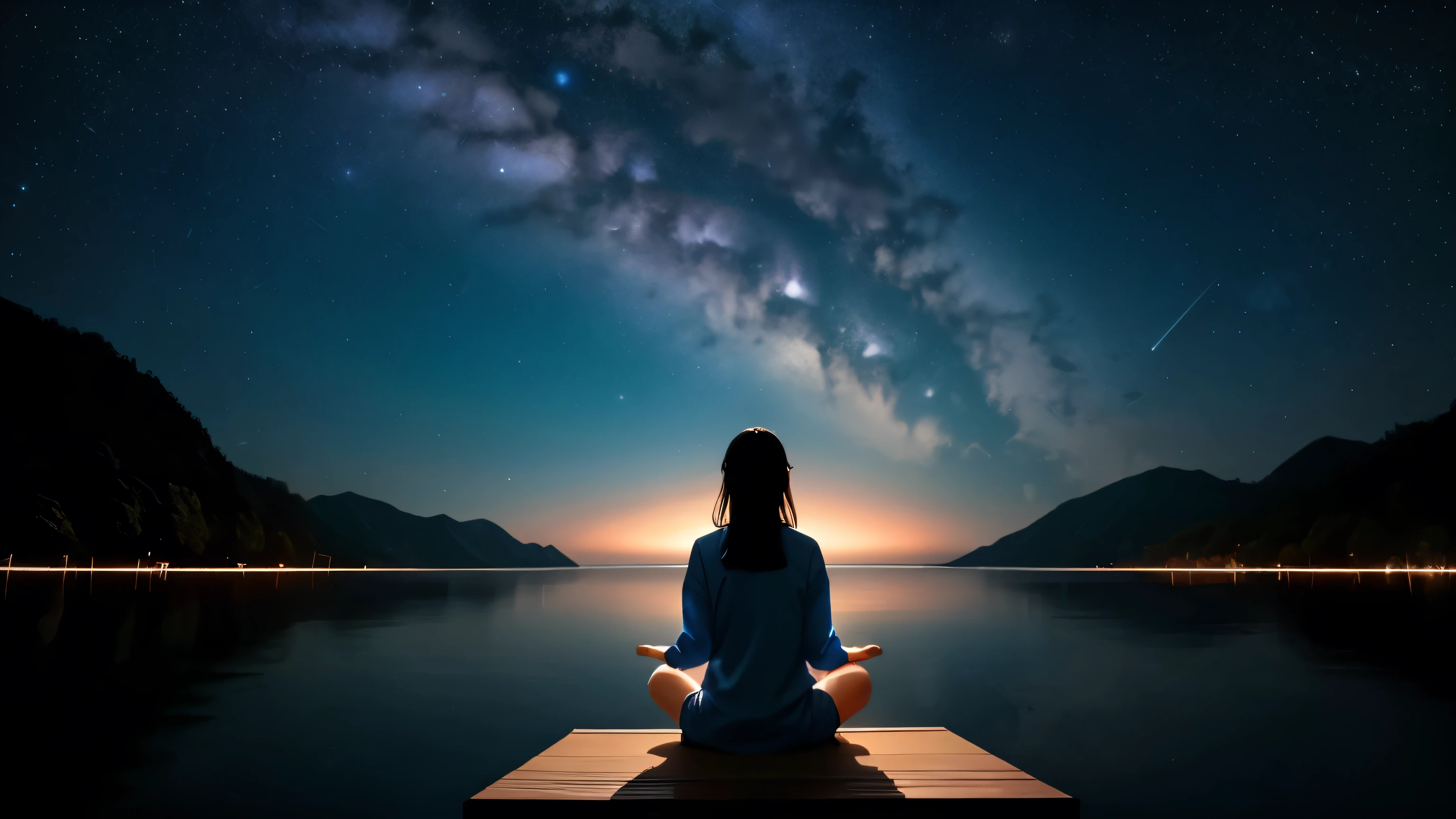 meditationの姿勢で座っている女性,Back view of a modern oriental woman,Blue clothes。Candles in front of the stars, 宇宙でmeditationするエルフの精霊, Sitting on a cloud in space, Spiritual Enlightenment, meditationしている, Powerful woman sitting in space, ヒンドゥー教のmeditation段階, Cosmic Revelation, 蓮華座でmeditationする, quiet night. Digital Illustration, meditationの姿勢で, meditation, meditationの姿勢で, Healing glowing lamp Blue clothes
