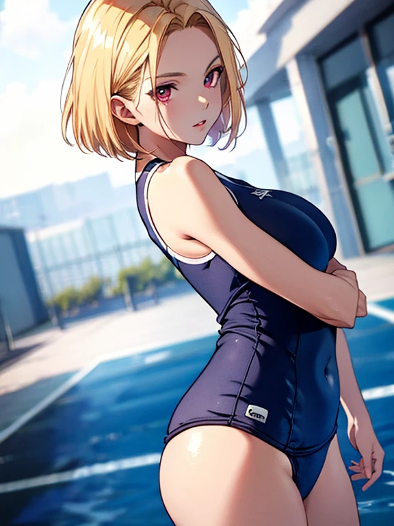 Android１８Number、School Swimsuit、UHD, retina, masterpiece, accurate, anatomically correct, textured skin, super detail, high details, high quality, best quality, highres, 8k