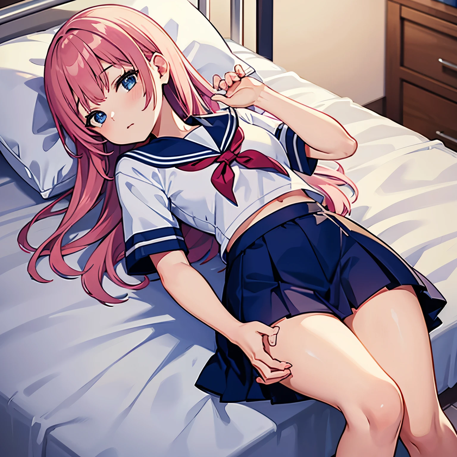 A pink-haired high school girl in a sailor uniform who is feeling unwell is lying on a bed in the nurse's office.