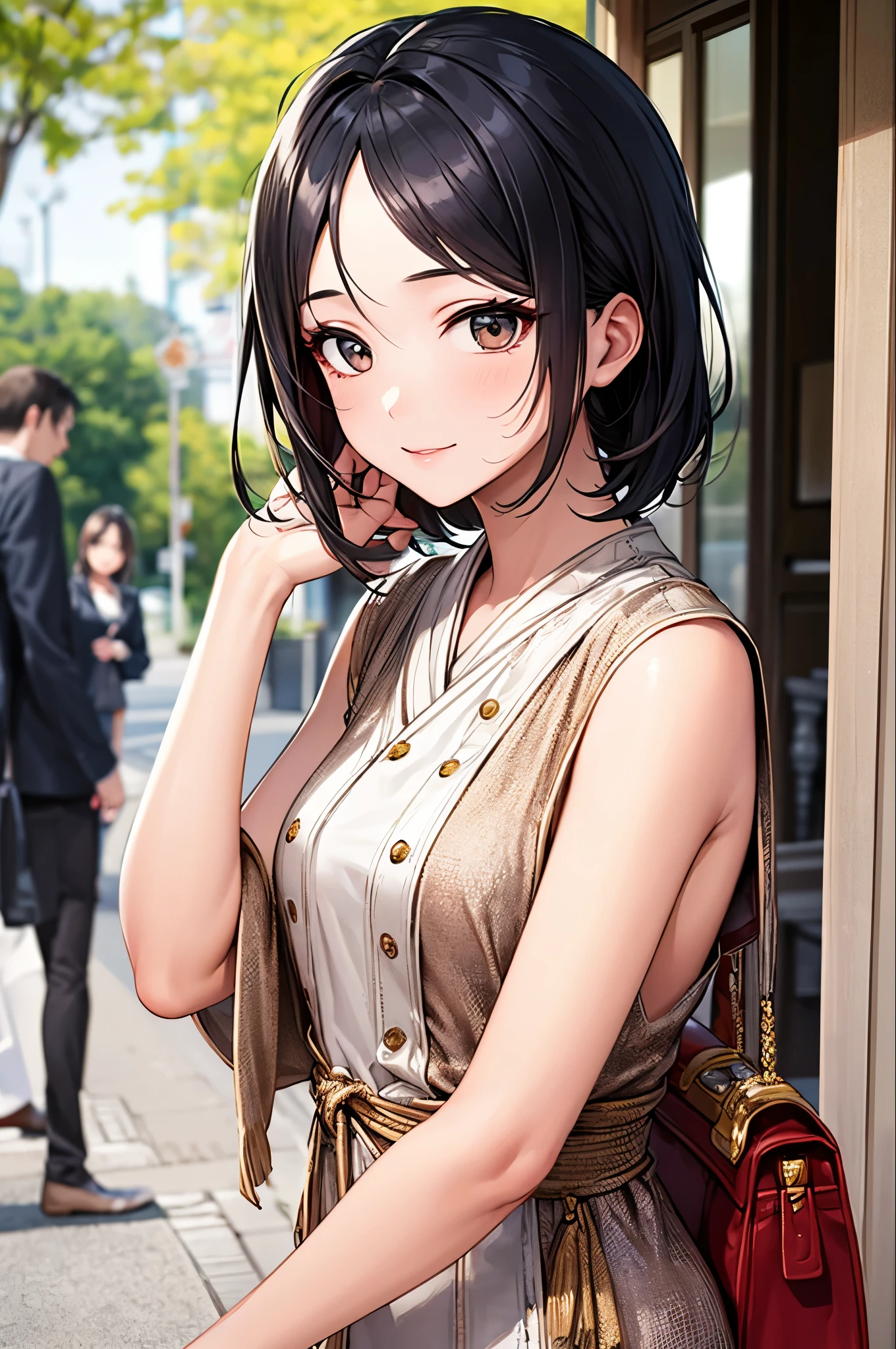 Create an image of a girl who looks like Yui Aragaki. Pay particular attention to the look of the eyes and the hairstyle., Draw a person who resembles you. Also, Adopt a bright smile and graceful expression like hers.. You can freely arrange the clothes and background., Express her cleanliness and natural charm..