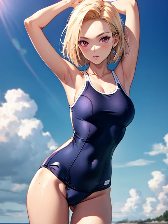 Android１８Number、School Swimsuit、UHD, retina, masterpiece, accurate, anatomically correct, textured skin, super detail, high details, high quality, best quality, highres, 8k