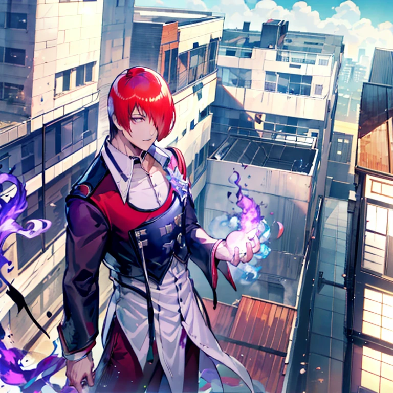 Sharp Eye,One boy,Hair on one eye,Redhead,short hair,Purple Flame,Fantasy World,isekai,Looking at the sky from the rooftop of a building