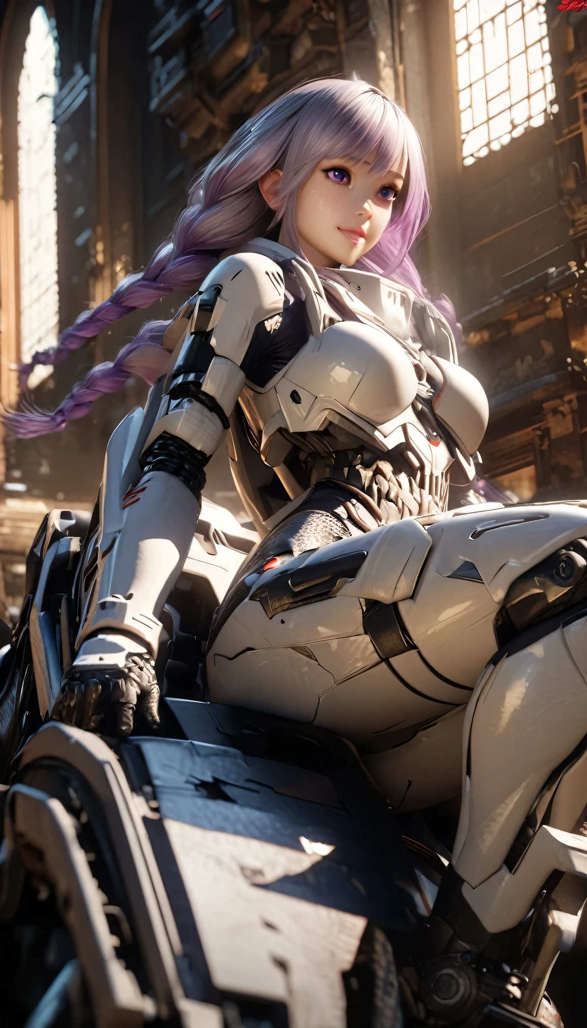 (high resolution,masterpiece,best quality,extremely detailed CG,),1 girl,  yinji, purple hair, purple eyes, long hair, white hair, double braids, gradient hair,realistic, photorealistic, cinematic lighting, ultimately realistic all textures, ultimately intricate all details, all intricate, gloss and shiny,awesome many layers, 8k wall paper, 3d, ultimately cute face, ( solo:1.4), perfect female proportion,villainess, (fusion of bone and lady:1.4), (turtle form lady:1.2), (bone lady:1.2), (fusion:1.2), (solo:1.4), (smile:1.2), muscular, abs, (Armor composed of ultimately intricate detailed and complex parts), (Armor in which each part is composed of the ultimate in fine bone.), (Complex and three-dimensional shapes), (mechanical armor:1.3), (bone-type powered suit:1.2), (bone-type reinforced exoskeleton suit:1.4), (bone-type reinforced exoskeleton armor:1.2)