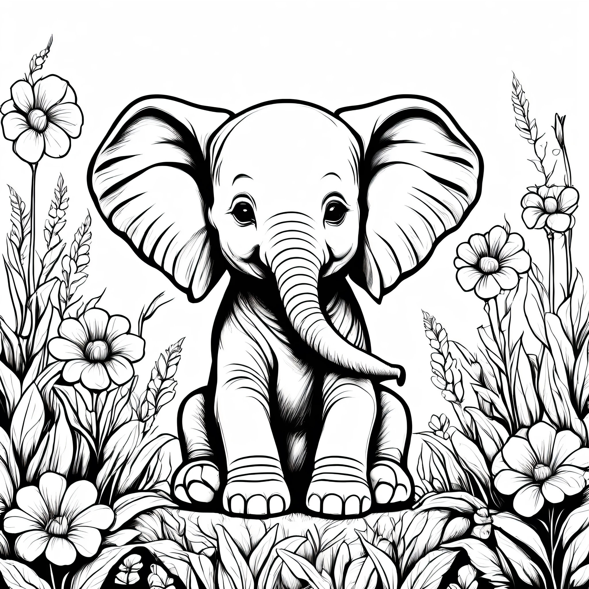 A small elephant cub sitting on the grassland and flowers, cute animal, highly detailed, ultra realistic, cub, cuteness, cartoon,Coloring Book, ColoringBookAF,