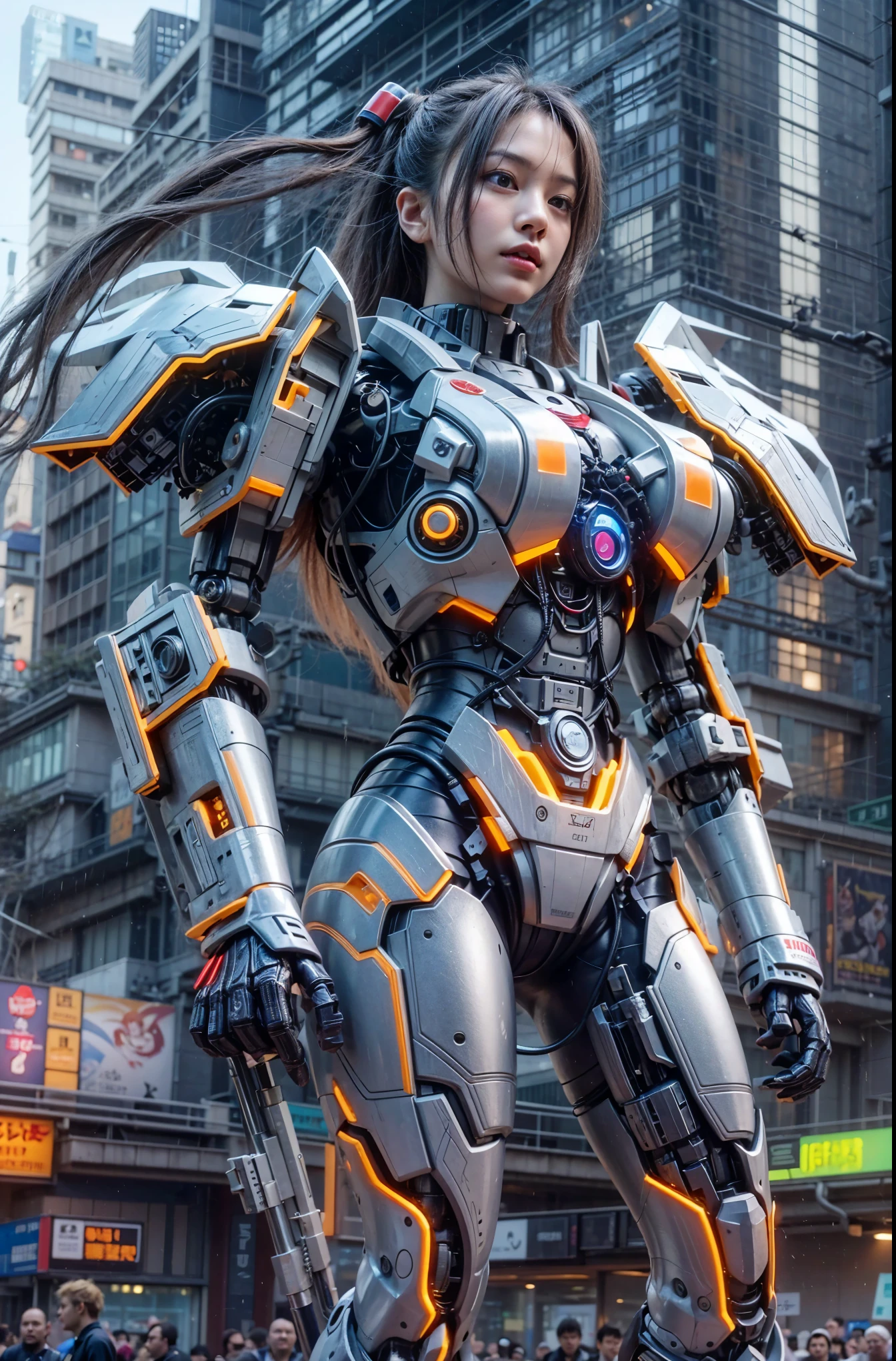 (masterpiece, best quality:1.2), (8k uhd, 16k, 32k, ultra high res), (photorealistic:1.37), ((ultimately intricate all details, ultimately realistic all textures)), girl in a futuristic city, cyberpunk girl mech, girl in mecha cyber armor, mecha aesthetic, modern mecha, robot, japanese girl, mecha, female mecha, mecha asthetic, robotic mixed with organic,, realistic style 4 k, digital cyberpunk