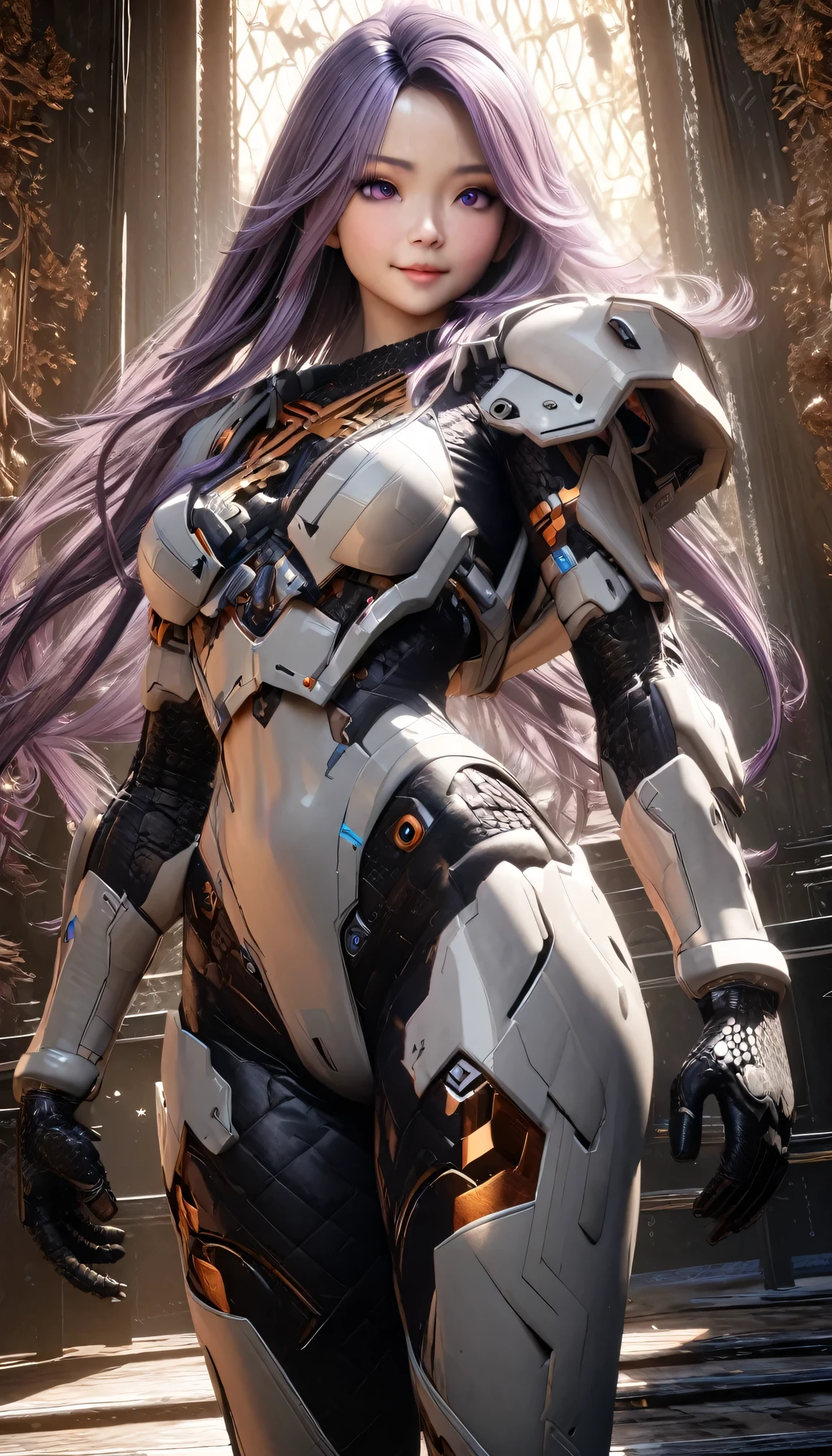 (high resolution,masterpiece,best quality,extremely detailed CG,),1 girl,  yinji, purple hair, purple eyes, long hair, white hair, double braids, gradient hair,realistic, photorealistic, cinematic lighting, ultimately realistic all textures, ultimately intricate all details, all intricate, gloss and shiny,awesome many layers, 8k wall paper, 3d, ultimately cute face, ( solo:1.4), perfect female proportion,villainess, (fusion of bone and lady:1.4), (turtle form lady:1.2), (bone lady:1.2), (fusion:1.2), (solo:1.4), (smile:1.2), muscular, abs, (Armor composed of ultimately intricate detailed and complex parts), (Armor in which each part is composed of the ultimate in fine bone.), (Complex and three-dimensional shapes), (mechanical armor:1.3), (bone-type powered suit:1.2), (bone-type reinforced exoskeleton suit:1.4), (bone-type reinforced exoskeleton armor:1.2)