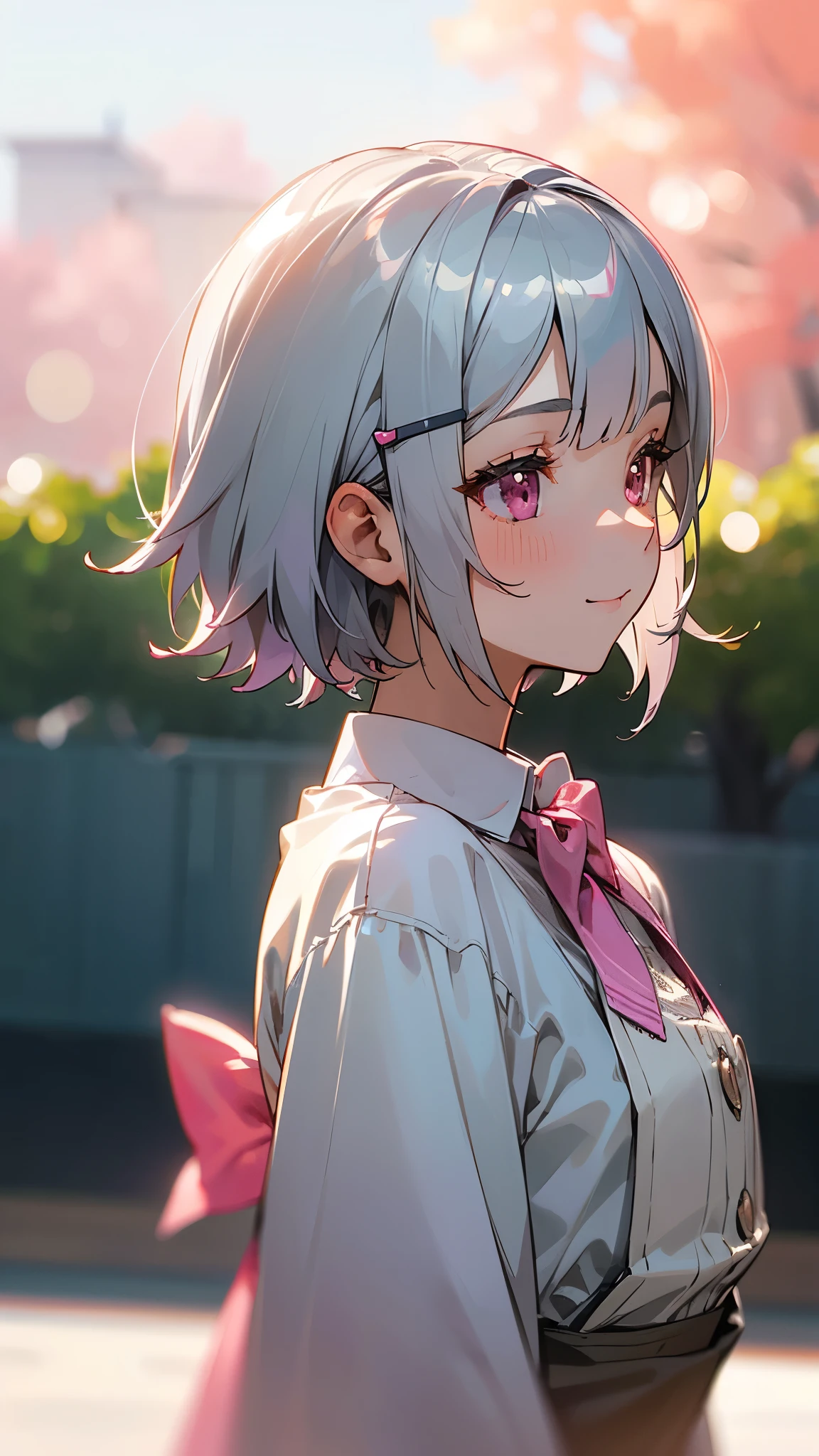 1 Girl、8k、Sharp focus、(Bokeh) (highest quality) (Detailed skin:1.3) (Intricate details) (anime)、Short silver bob hair held together with a hair clip, Pink Eyes、smile、I really like it、profile、Upper body close-up、Morning Cafe Terrace、Background Blur, Written boundary depth