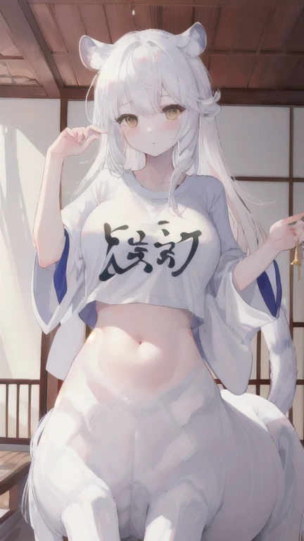 (best quality, masterpiece), 1 girl, centaur, It takes,White skin, Japanese , belly button t-shirt, 아름다운 소녀 perfect white tiger photo, perfect white tiger photo