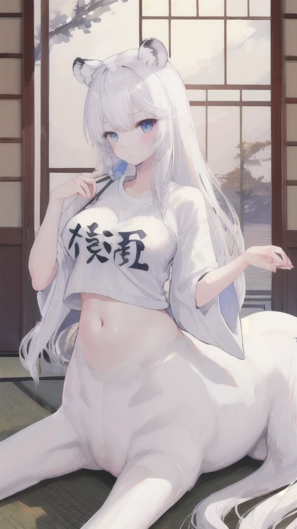 (best quality, masterpiece), 1 girl, centaur, It takes,White skin, Japanese , belly button t-shirt, 아름다운 소녀 perfect white tiger photo, perfect white tiger photo