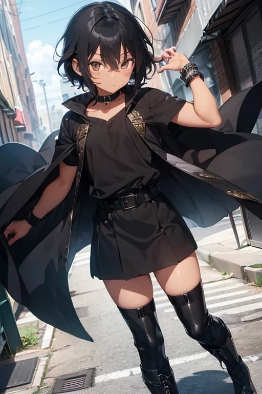 (Boy),(anime),(dark brown skin color),(Male body),(masculine gender),(adolescent man),(height 1.80),(short black curly hair Brazilian style),(brown eyes),(16 year old teenager),(young man),(Average physical height of a teenager),(wearing),+,(an outfit worn by a 5th century European emperor who composed For a shiny black cape and black boots with black tones and a black blouse with black tones and a black leather bracelet on each arm)