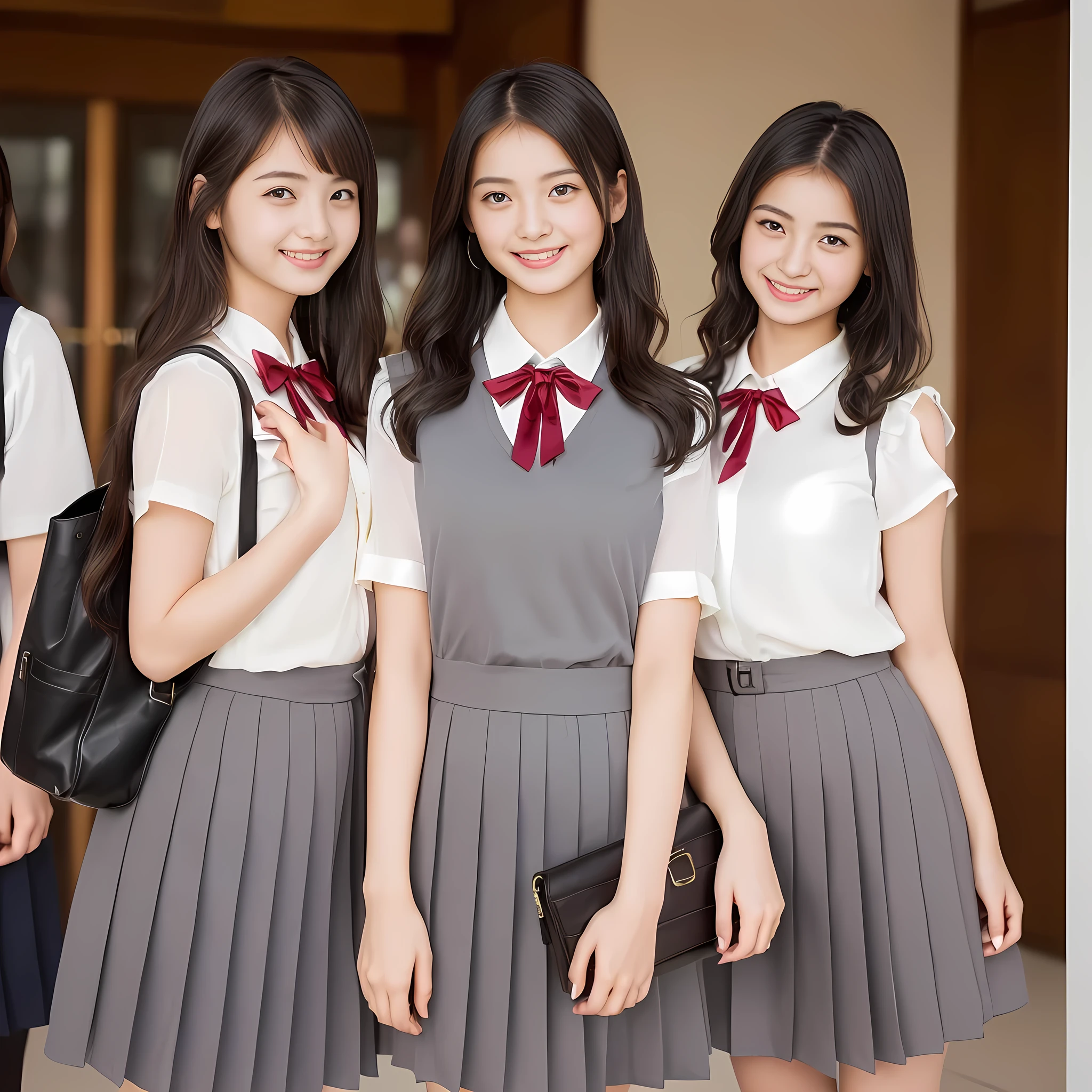 (highest quality, masterpiece:1.2), highest quality, Realistic, photograph, High resolution, 1080p, 8K, Physical Rendering, ((Height: 158cm)), ((((14 years old cute girly Japanese fashion models are standing like a fashion model and smiling directly at the viewer)))), (((big very detailed Japanese beautiful dark brown eyes))), ((loving and laughing at me!)), detailed fingers, ((curled blunt bangs)), ((((Very noble and cute eyes)))), ((double eyelids)), (((long eyelashes))), ((cute lovely lovely laughing laughing cheeks)), (((Her facial features are very expressive noble smile, very sweet, very intelligent))), ((((deep red ribbon bow tie)))), ((((black very beautiful and super long straight hair)))), ((((gray box-pleated school long skirt and grey vest)))), noble box-pleated skirt covers knees, ((((A ivory summer blouse with puffed short sleeves)))), ((Classical orchestra concert hall)), ((complexion lightening)), ((Full body shot)), Japanese girls legs, (((white socks and loafers))), (((((beauty salon hair model))))), ((Leather student bag))