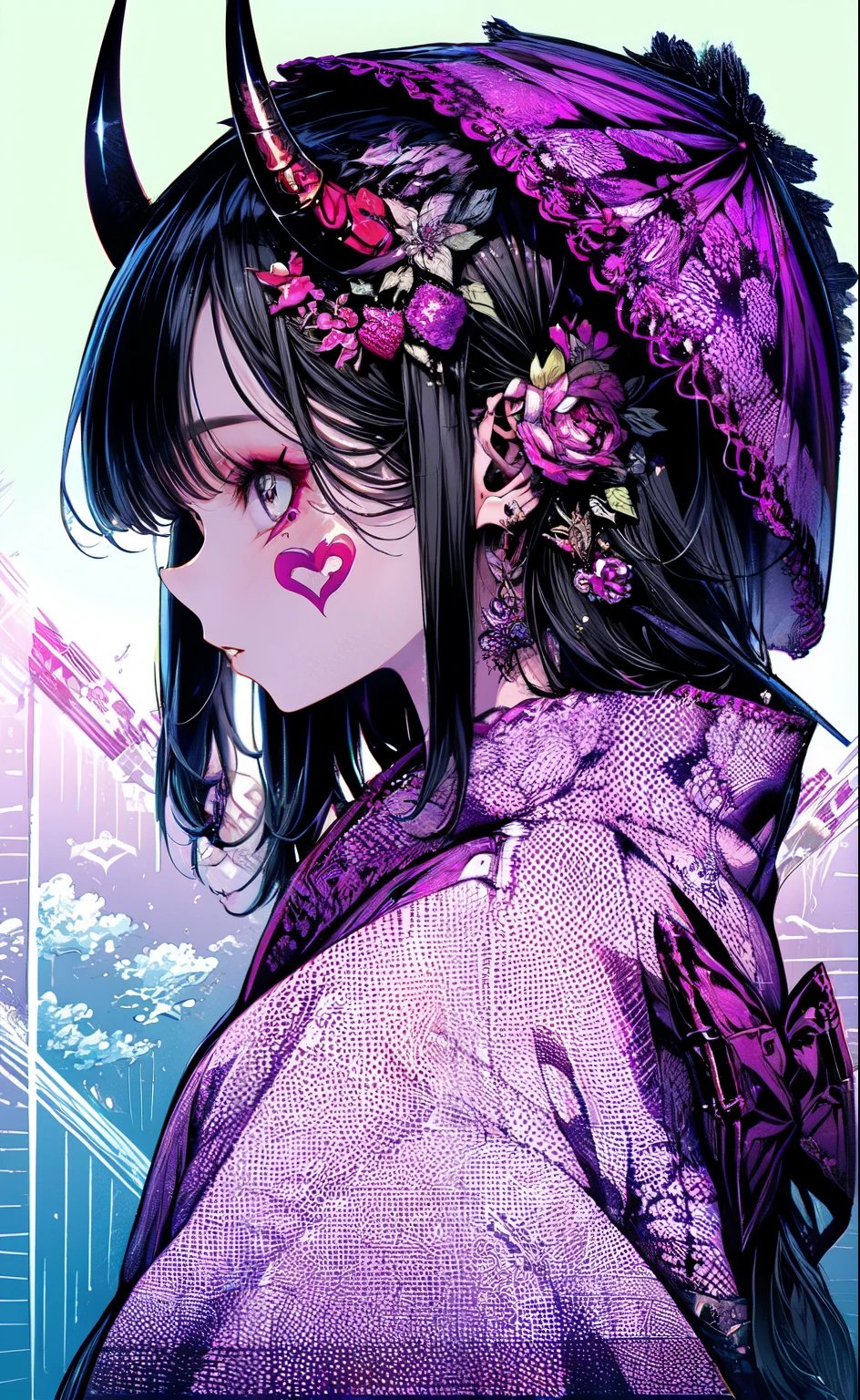 Small demon horn(highest quality, Attention to detail:1.2), (scenery:1.3), Beautiful Face, One girl, Girl in patterned kimono, (Looking at the audience:1.3), (Face Tattoos:1.2), Small demon horn