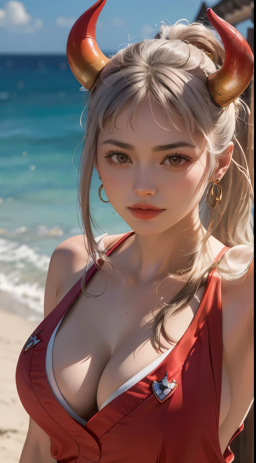 Masterpiece, Best quality, 1womanl, A high resolution, Beautiful girl , yamatowanpi,Large breasts,cleavage,red color blouse,looks into camera,Bust photo,Raised sexy,Be red in the face,Sea background,ssmile