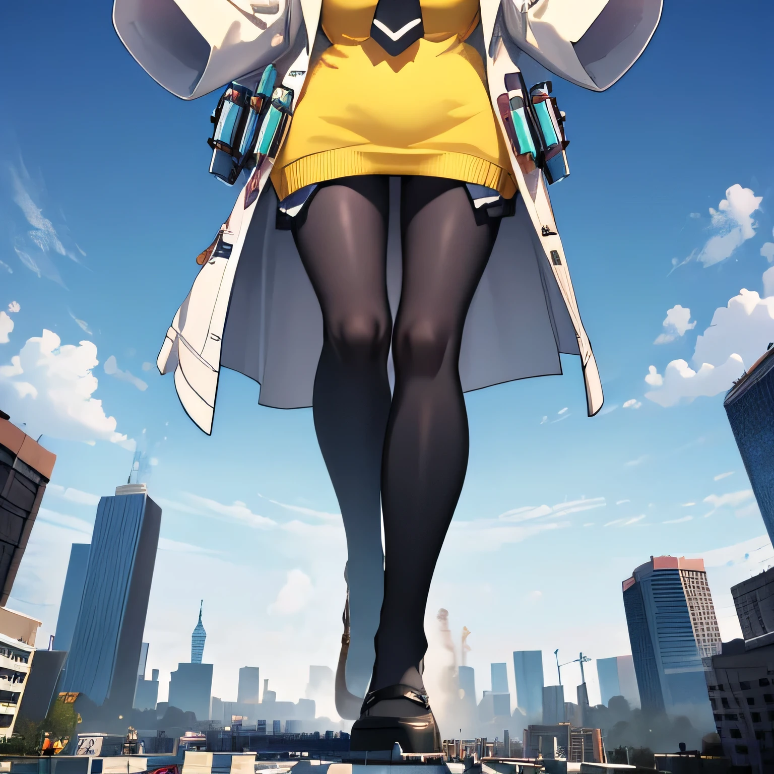 giantess, Woman walking, Giant high school girl bigger than a skyscraper, huge tit, very small metropolis, Full body depiction, black pantyhose, pantyhose foot, tiny city, micro city, Labcoat and yellow sweater, Navy blue tie, Red Eyes, Adult women, Long legs, AgnesTachyon_umamusume