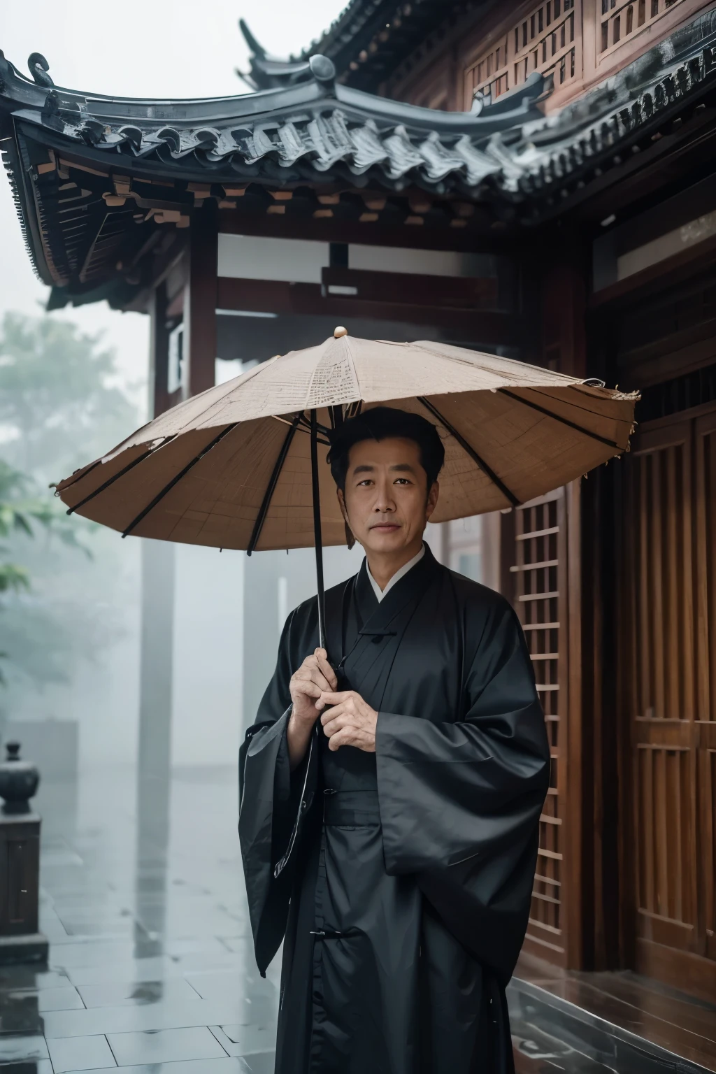((best quality)), ((masterpiece)), (detailed), Tianjing Courtyard, Sheng Family Old House,The surroundings are hazy with drizzle,The man holding the black umbrella is tall and slender,Eyes sharp and calm,The mist in the rain is like looking at flowers through the fog.。