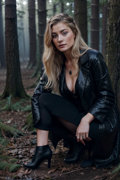 louise lombard, Elizabeth Lascelles, Teen Wolf, 40 years old, long messy light blonde hair, blue eyes, open black jacket, elegant black dress with glitter, black heels, fox pendant, white wolf print. forest background fox aura around black color