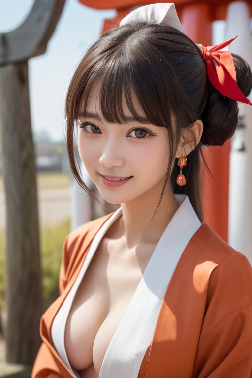 one girl, (a beauty girl, delicate girl:1.3), (24-years-old:1.3),
break, (Shrine maiden costume:1.3), Zoom in on face,
break, Very fine grain definition, (Symmetrical eyes:1.3),
break, (Inari Shrine:1.3), (torii:1.3),
break, Small breasts, Brown eyes, Parted bangs, Brown Hair,  girl,
break, (Eye and facial details:1.0),
break, (masterpiece, highest quality, Super detailed, Detailed face, 8k)、seductive smile、cleavage、double bun、