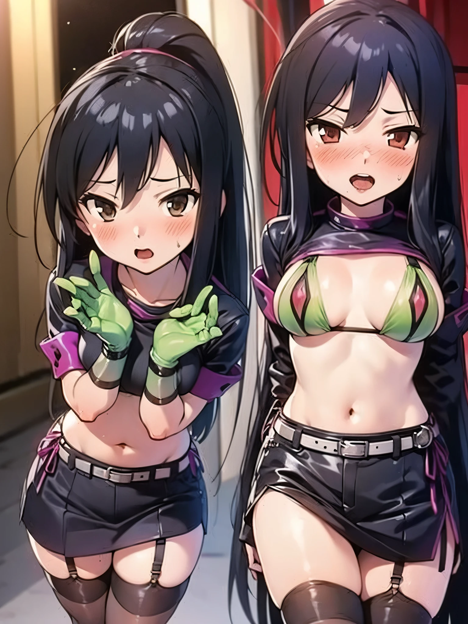 NSFW,One girl,Trick or Treat Cosplay、露出度の高いClothes、Shrug(Clothes)、Short sleeve、Layered Bikini、Purple Bikini、Green Bikini、belt、Nurse cap、mini skirt、Green gloves、Thigh-high socks、Garter Straps,Small breasts,(Perfect hands),(Perfect Anatomy),(masterpiece),(highest quality),Embarrassed,blush,night,hospital,Examination room,White Room,Open your mouth,Blowjob gestures