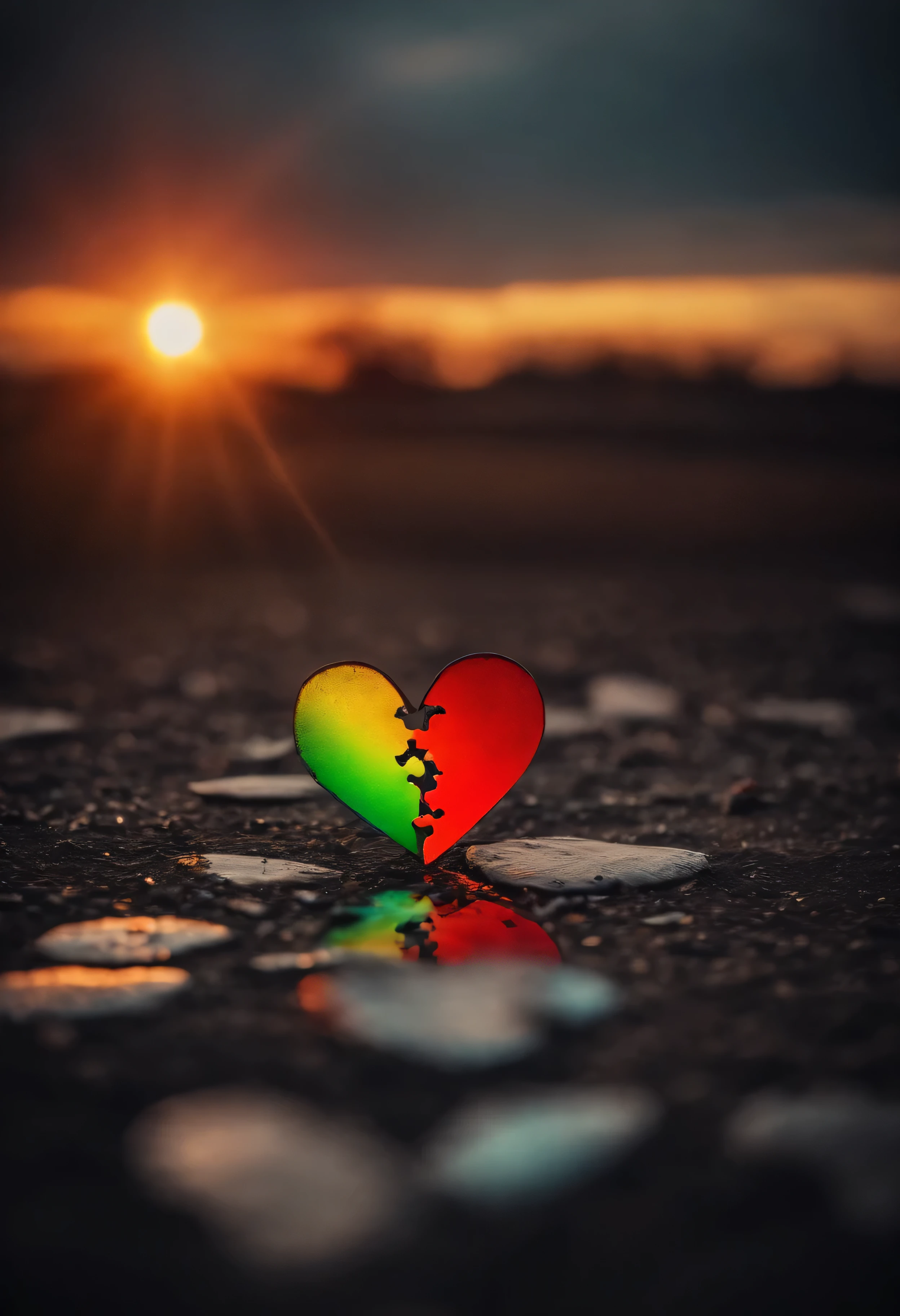 there is a broken heart in pieces on the ground, colorful, multicolor, rainbow, 