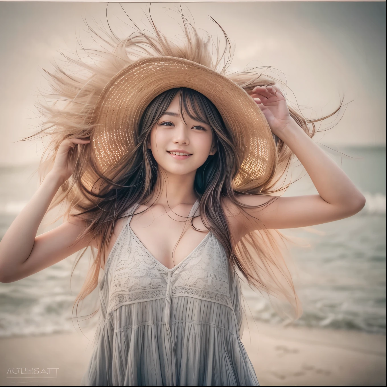 8k, RAW photo, best quality, masterpiece, realistic, photo-realistic, clear, professional lighting, beautiful face, best quality, ultra high res,
BREAK
a woman wearing a hat and smiling for the camera with her hands on her head and her hair in the wind, girl, dau-al-set , a stock photo, Fan Qi