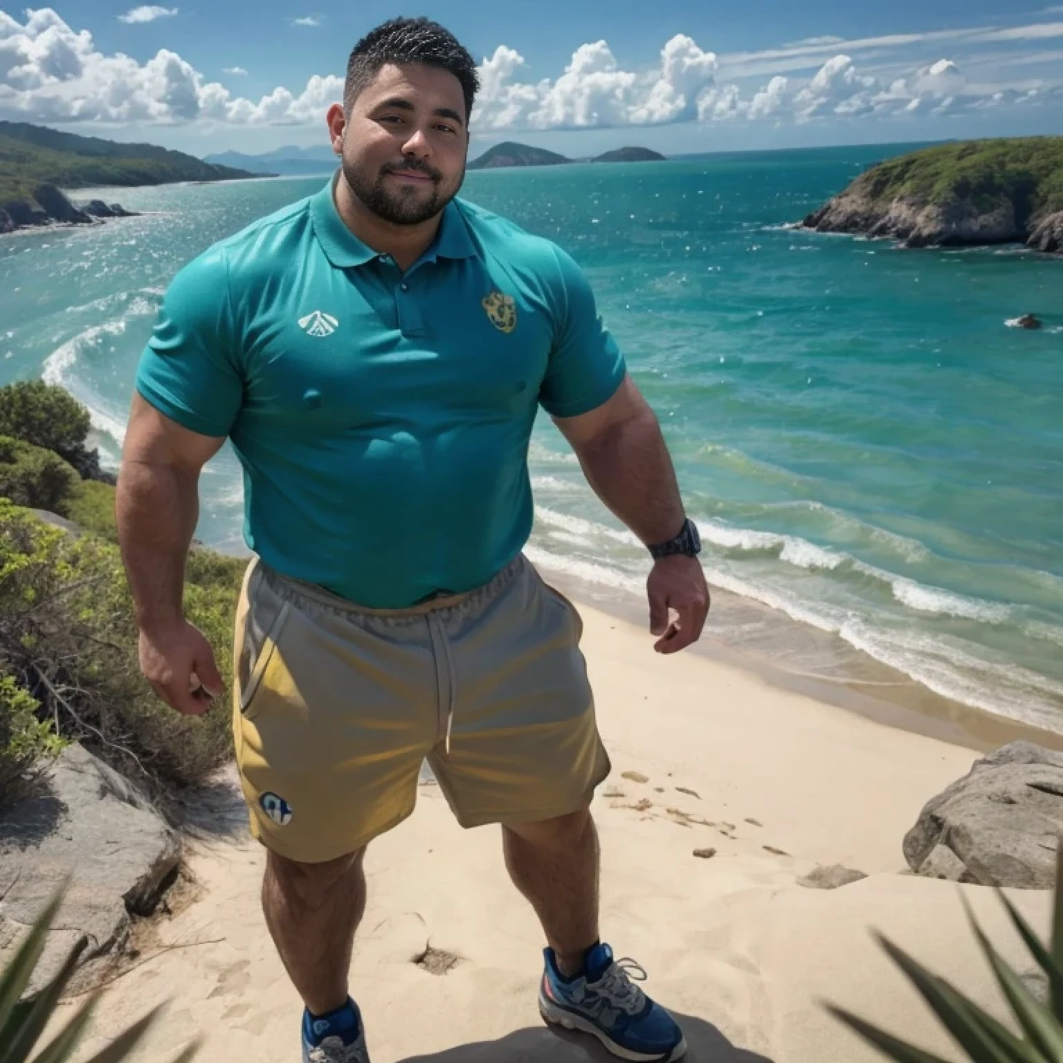 MuscleChub, plump, nerdy, wild daddy, male, chubby cheeks, 44 years old,  thick thighs, thick calf, Walking on a trail on a cliff on the mountain, yellow polo shirt, short pants, Sneakers, random poses,hot,  (perfect body proportions : 1.3), Flirting for sex on screen, ocean view, depth of field, full body shot, face focus,