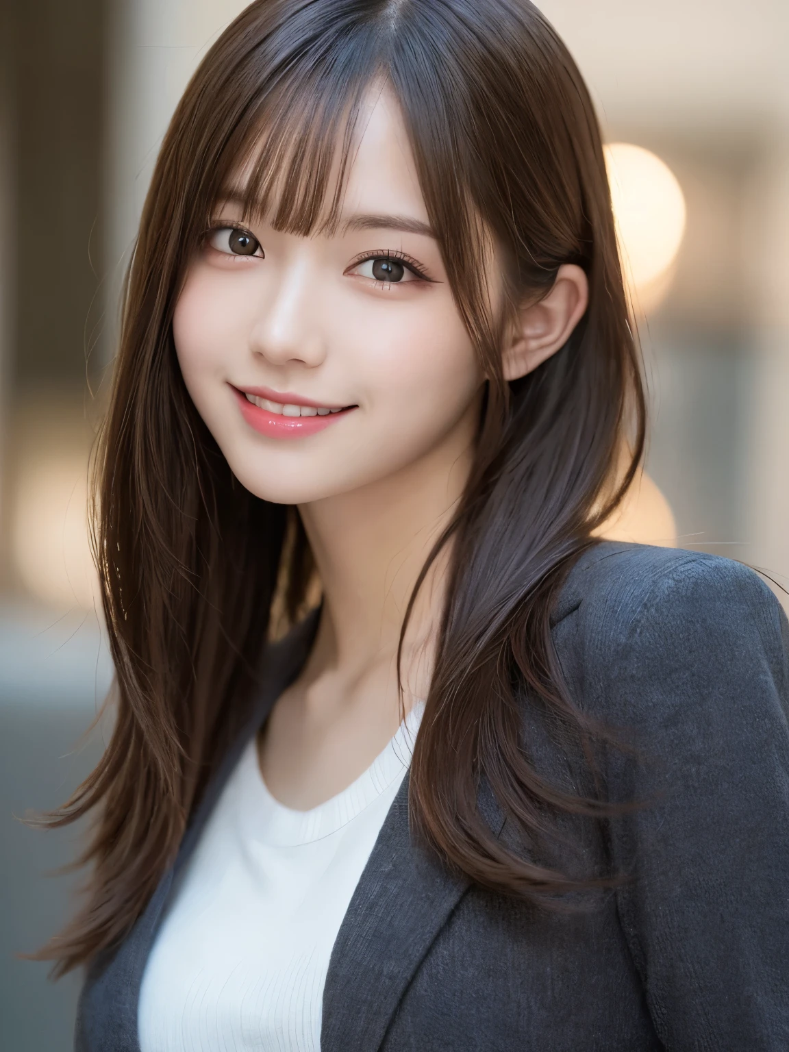 masutepiece, Best Quality, Illustration, Ultra-detailed, finely detail, hight resolution, 8K Wallpaper, Perfect dynamic composition, Beautiful detailed eyes, doress,Medium Hair, Big are visible, Natural Color Lip, Random and sexy poses,Smile,20 years girl