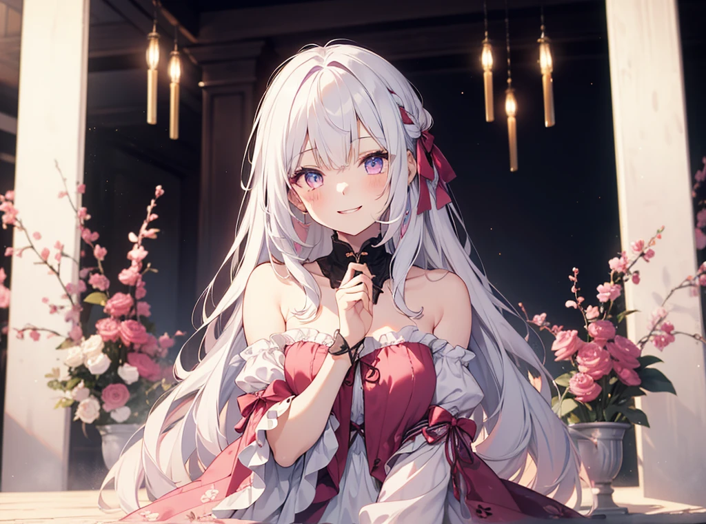 Yellow Dress、Deep purple eyes, ((Beautiful eyes in every detail))、 iris、Shining Eyes, (((Fluffy white pink hair)))、(((((One Girl))))),Multicolored Hair、Inner Color、25歳woman、Wavy Hair、1 girl、((Very smiling))、(((8k background)))、Mid-chest、((((whole body))))、woman、(((Beautiful background)))、Sit in a room with a fireplace、look up、