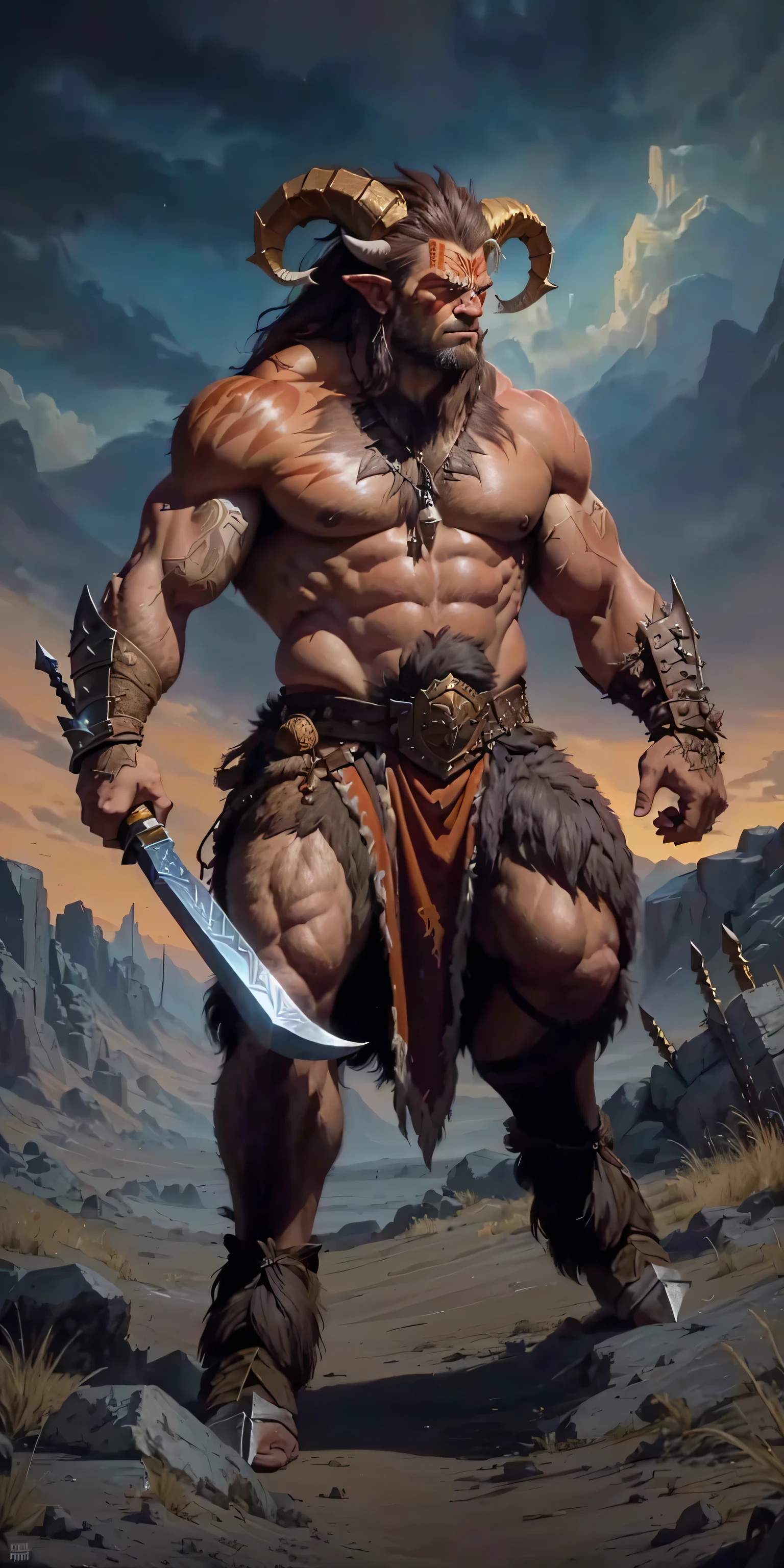 A painting of a horned man holding a sword and a, barbarian, barbarian warrior, barbarian class, barbarian celebrate his birthday, fur-clad barbarian goliath, Magnificent, male barbarian, muscular character, Powerful Warrior, Muscle Werewolf, photo of adult male warrior, Inspired by Ryan Barger, Goliath's, Portrait of the demigod Hercules
