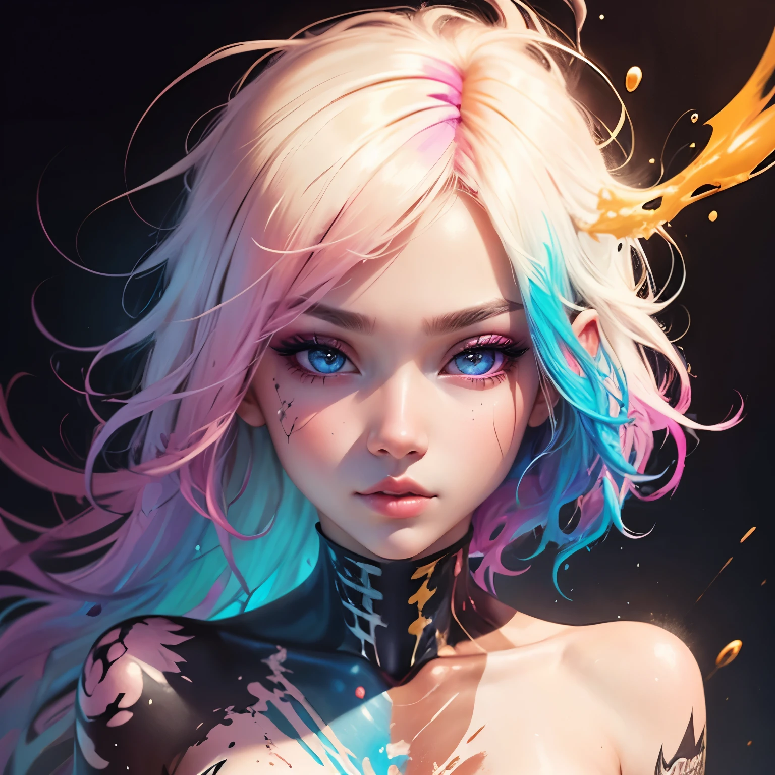girl, beautiful face, art makeup, ink drop, pink ink drop art, high detailed real eye, highquality pupil, double eyelid, high detailed real skin, high quality skin, professional lighting, real shadow, masterpiece,